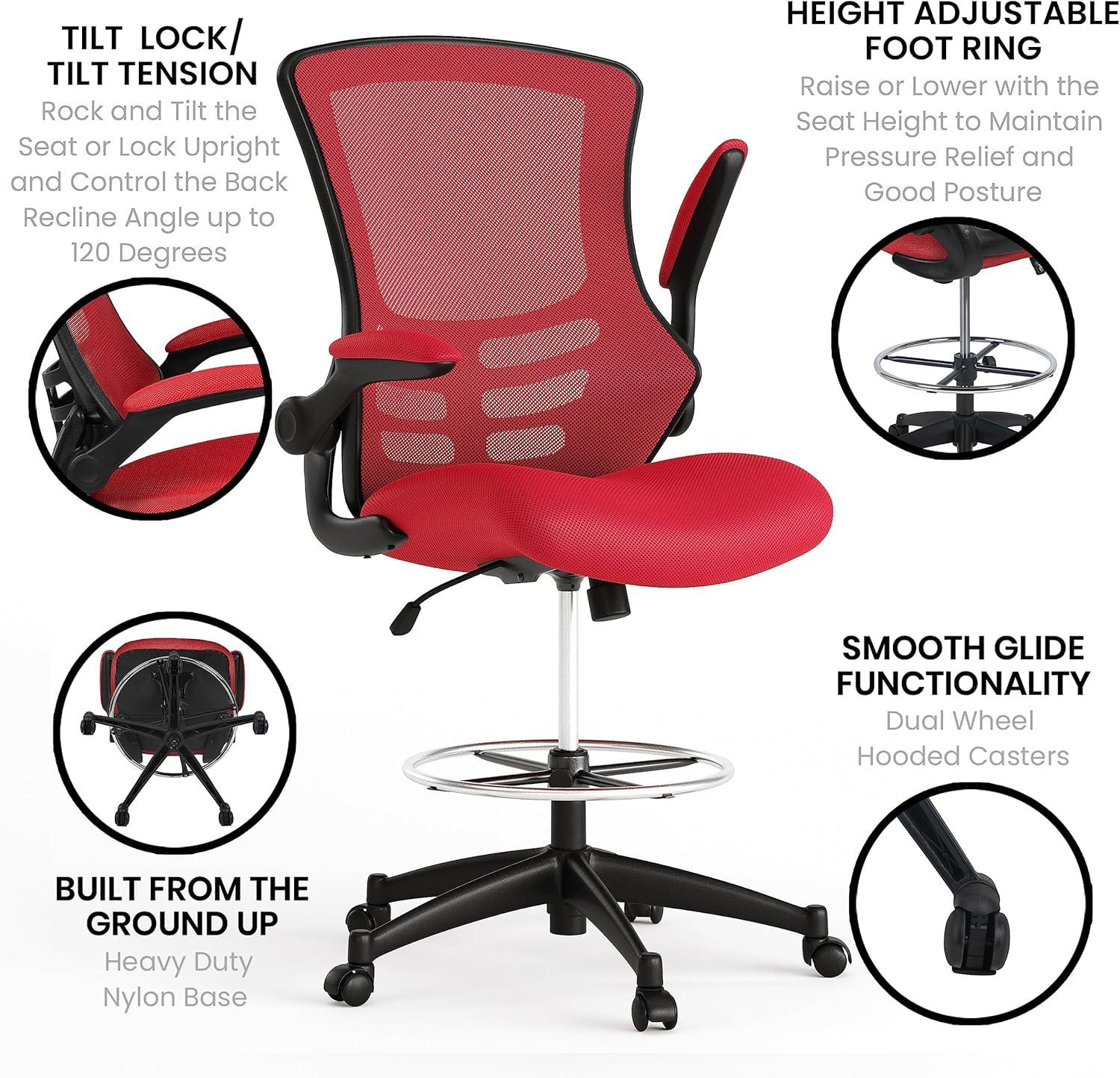 imageFlash Furniture Kelista MidBack White Mesh Ergonomic Drafting Chair  Adjustable Foot Ring FlipUp Arms  Comfort and ProductivityRed Mesh
