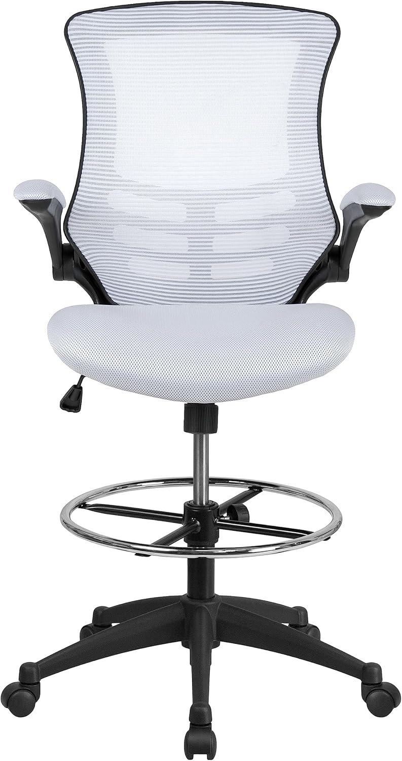 imageFlash Furniture Kelista MidBack White Mesh Ergonomic Drafting Chair Adjustable Foot Ring FlipUp Arms Comfort and ProductivityWhite Mesh