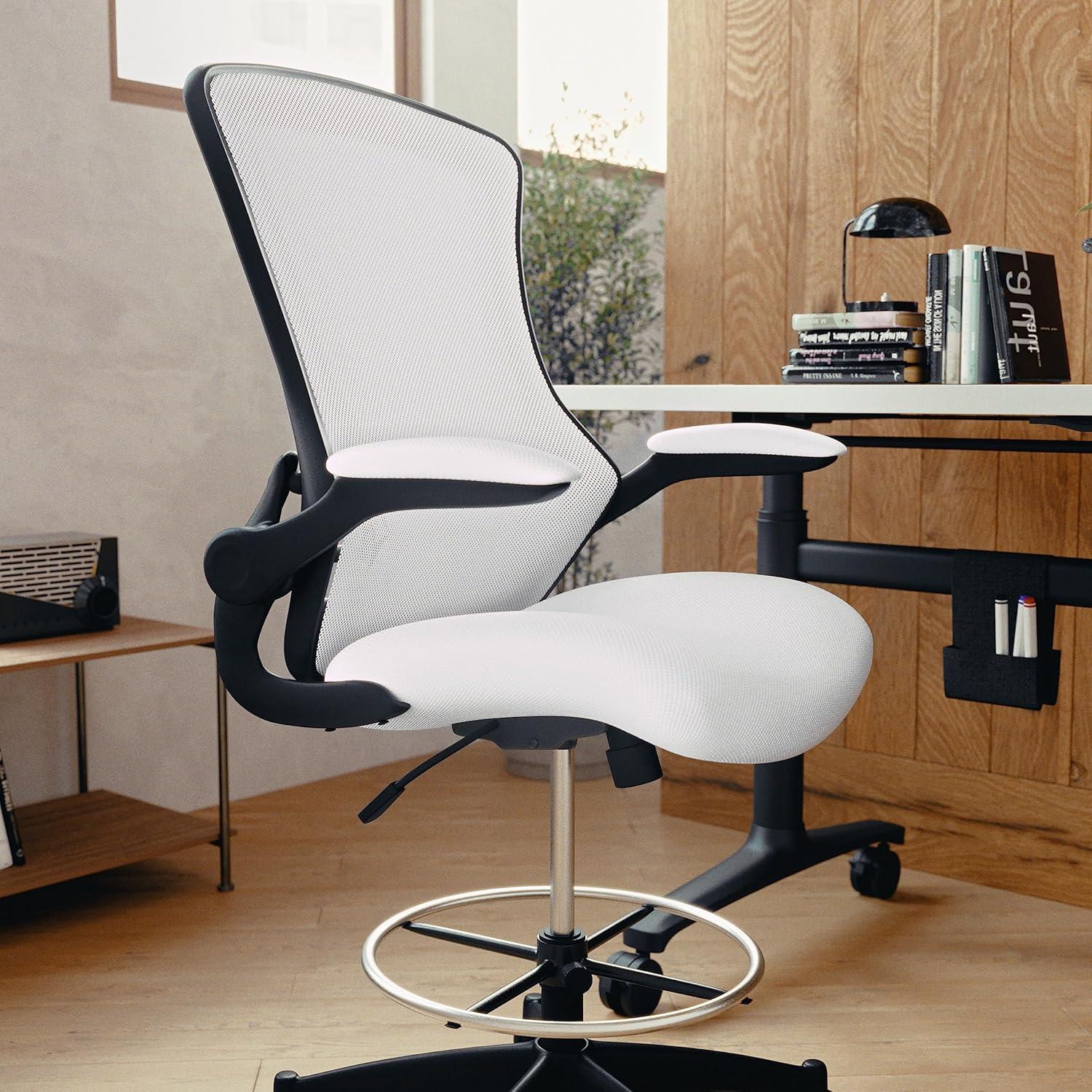 imageFlash Furniture Kelista MidBack White Mesh Ergonomic Drafting Chair Adjustable Foot Ring FlipUp Arms Comfort and ProductivityWhite Mesh
