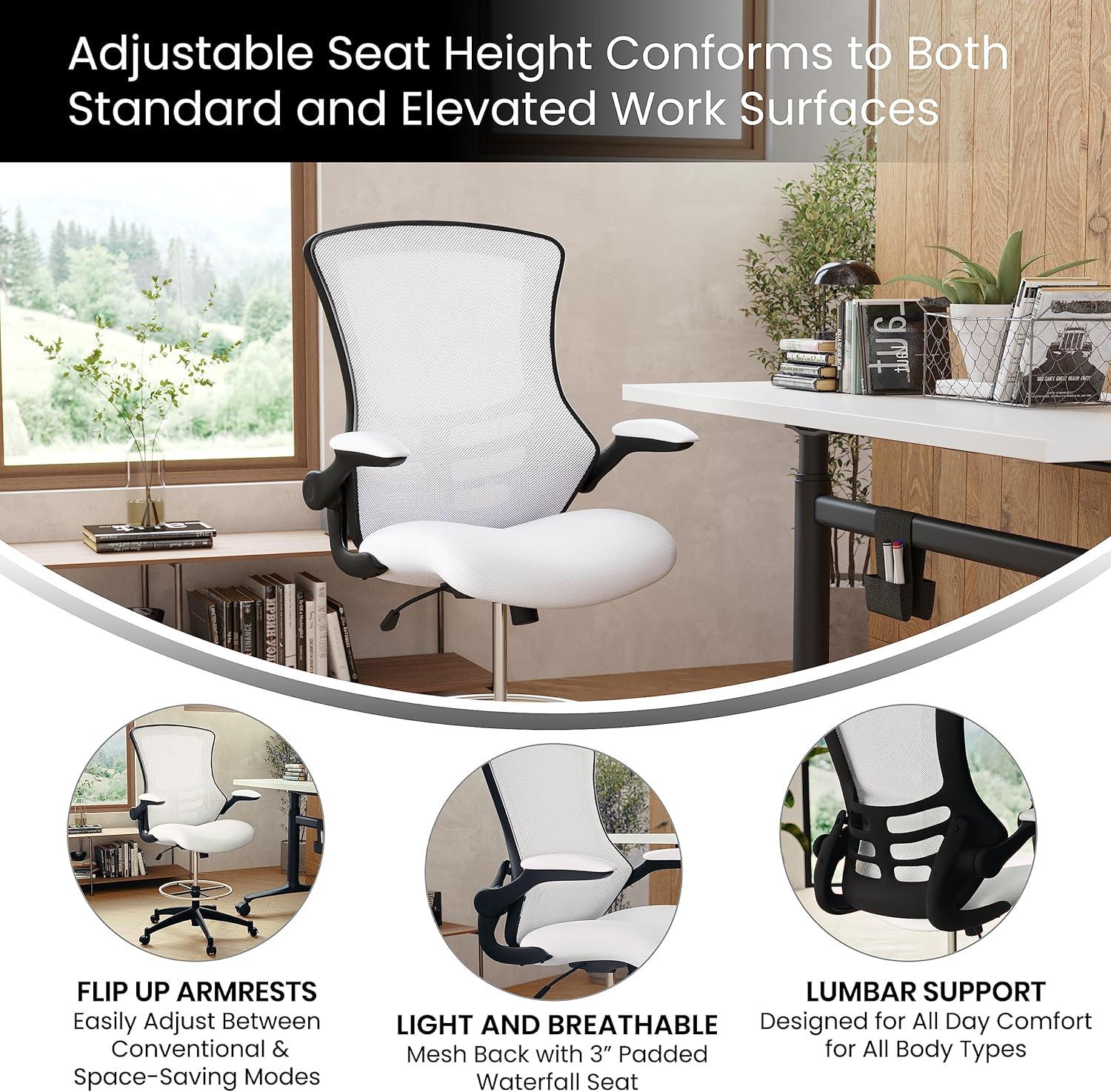 imageFlash Furniture Kelista MidBack White Mesh Ergonomic Drafting Chair Adjustable Foot Ring FlipUp Arms Comfort and ProductivityWhite Mesh
