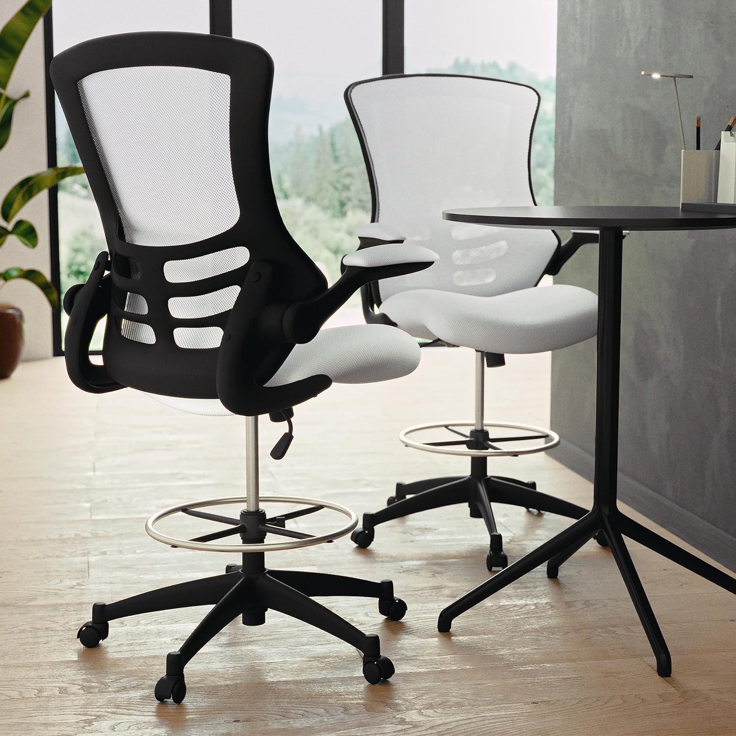 imageFlash Furniture Kelista MidBack White Mesh Ergonomic Drafting Chair Adjustable Foot Ring FlipUp Arms Comfort and ProductivityWhite Mesh