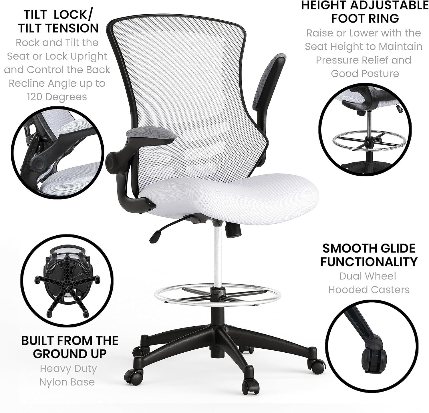 imageFlash Furniture Kelista MidBack White Mesh Ergonomic Drafting Chair Adjustable Foot Ring FlipUp Arms Comfort and ProductivityWhite Mesh