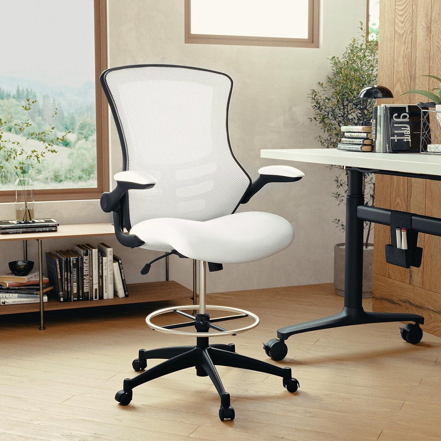 imageFlash Furniture Kelista MidBack White Mesh Ergonomic Drafting Chair Adjustable Foot Ring FlipUp Arms Comfort and ProductivityWhite Mesh