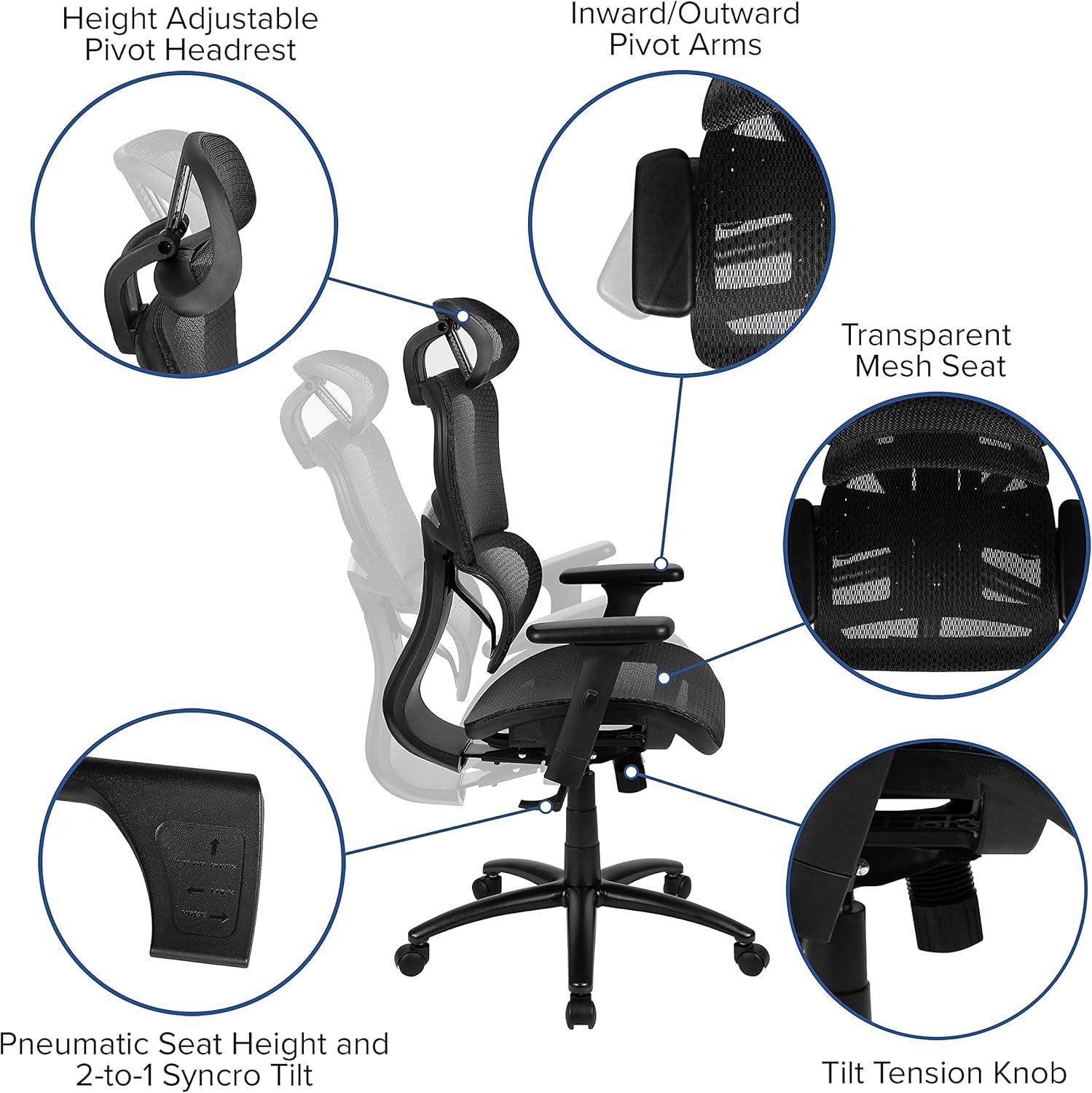 imageFlash Furniture LO Ergonomic Mesh Office Chair with 2to1 SynchroTilt Adjustable Headrest Lumbar Support and Adjustable Pivot Arms in BlackBlack