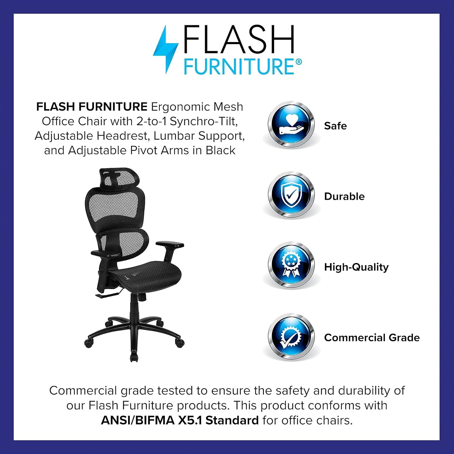 imageFlash Furniture LO Ergonomic Mesh Office Chair with 2to1 SynchroTilt Adjustable Headrest Lumbar Support and Adjustable Pivot Arms in BlackBlack