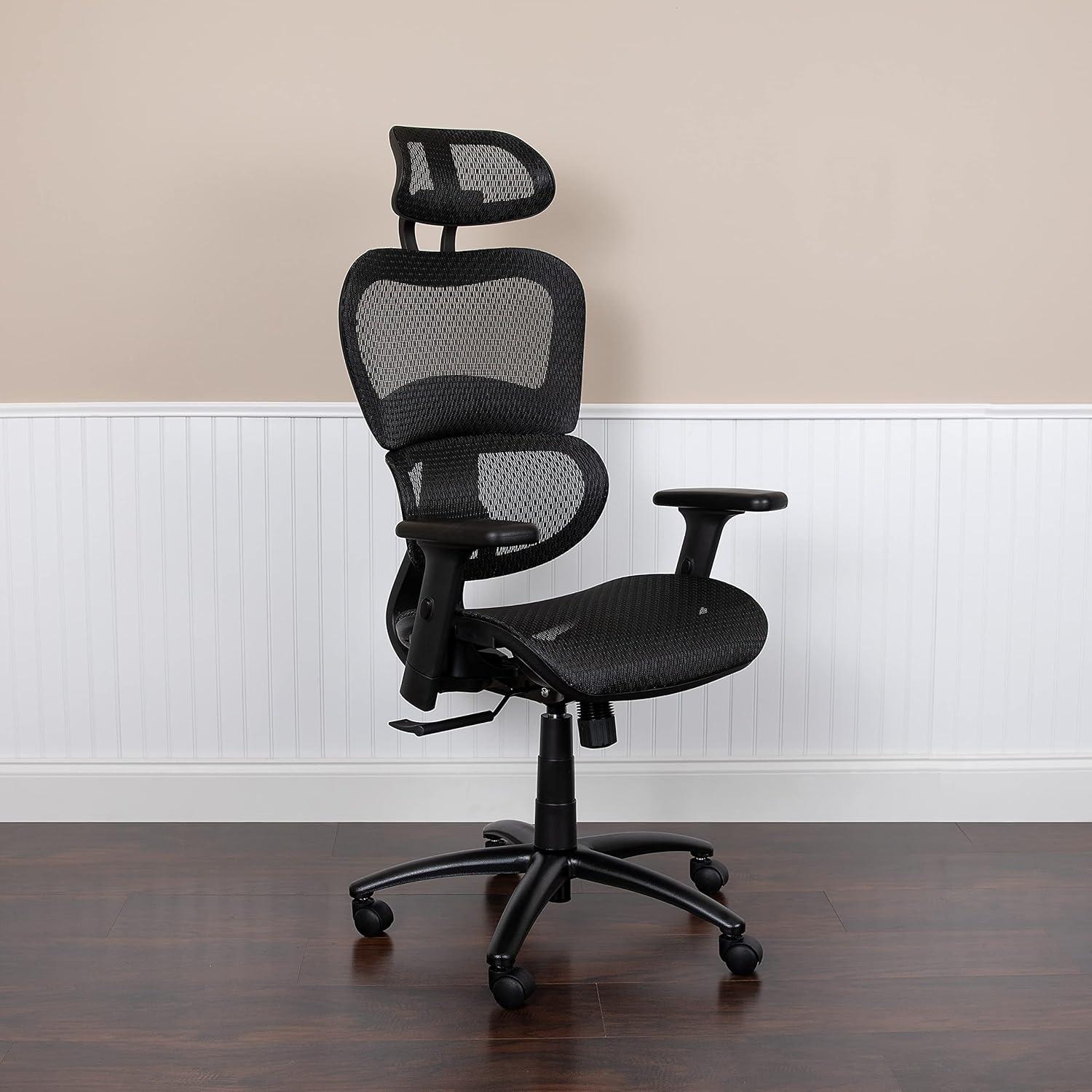 imageFlash Furniture LO Ergonomic Mesh Office Chair with 2to1 SynchroTilt Adjustable Headrest Lumbar Support and Adjustable Pivot Arms in BlackBlack