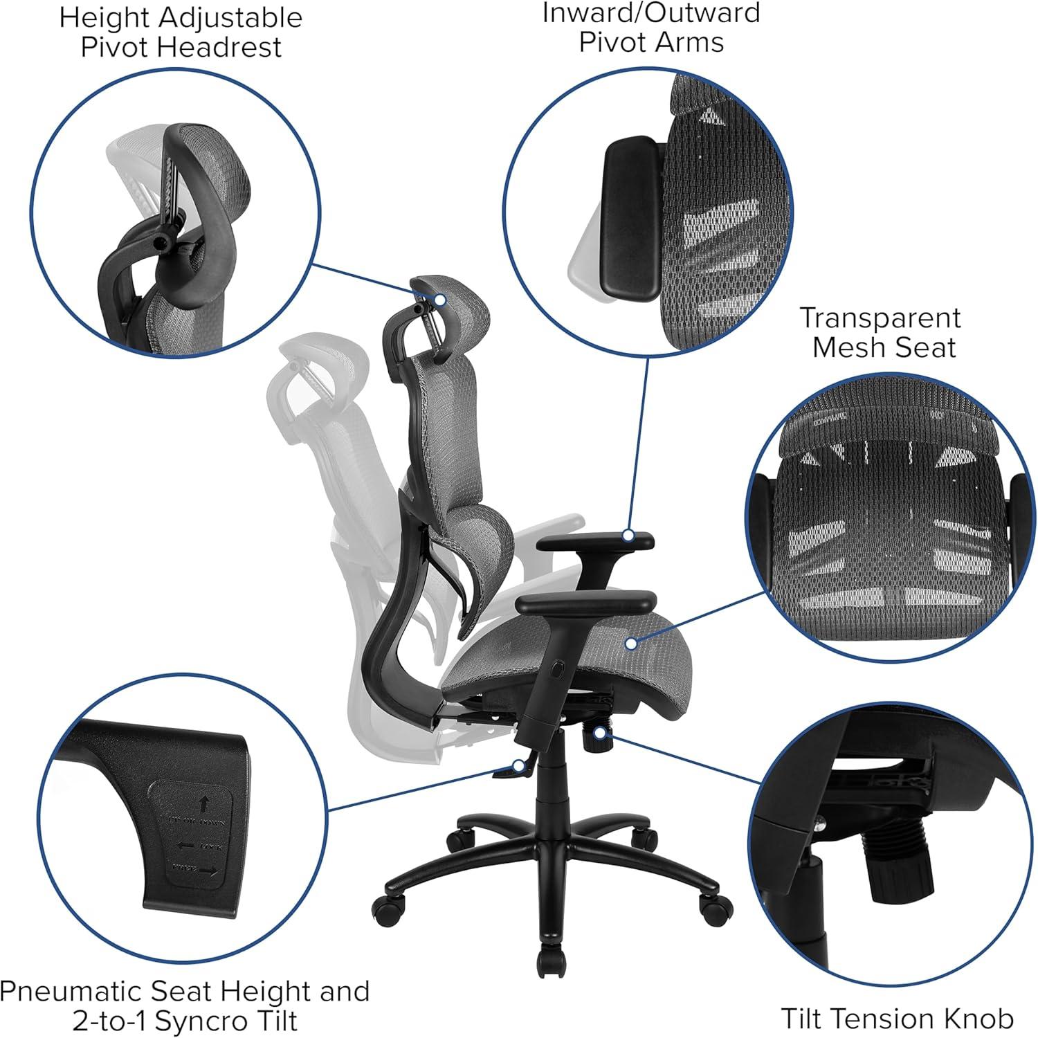 imageFlash Furniture LO Ergonomic Mesh Office Chair with 2to1 SynchroTilt Adjustable Headrest Lumbar Support and Adjustable Pivot Arms in Gray
