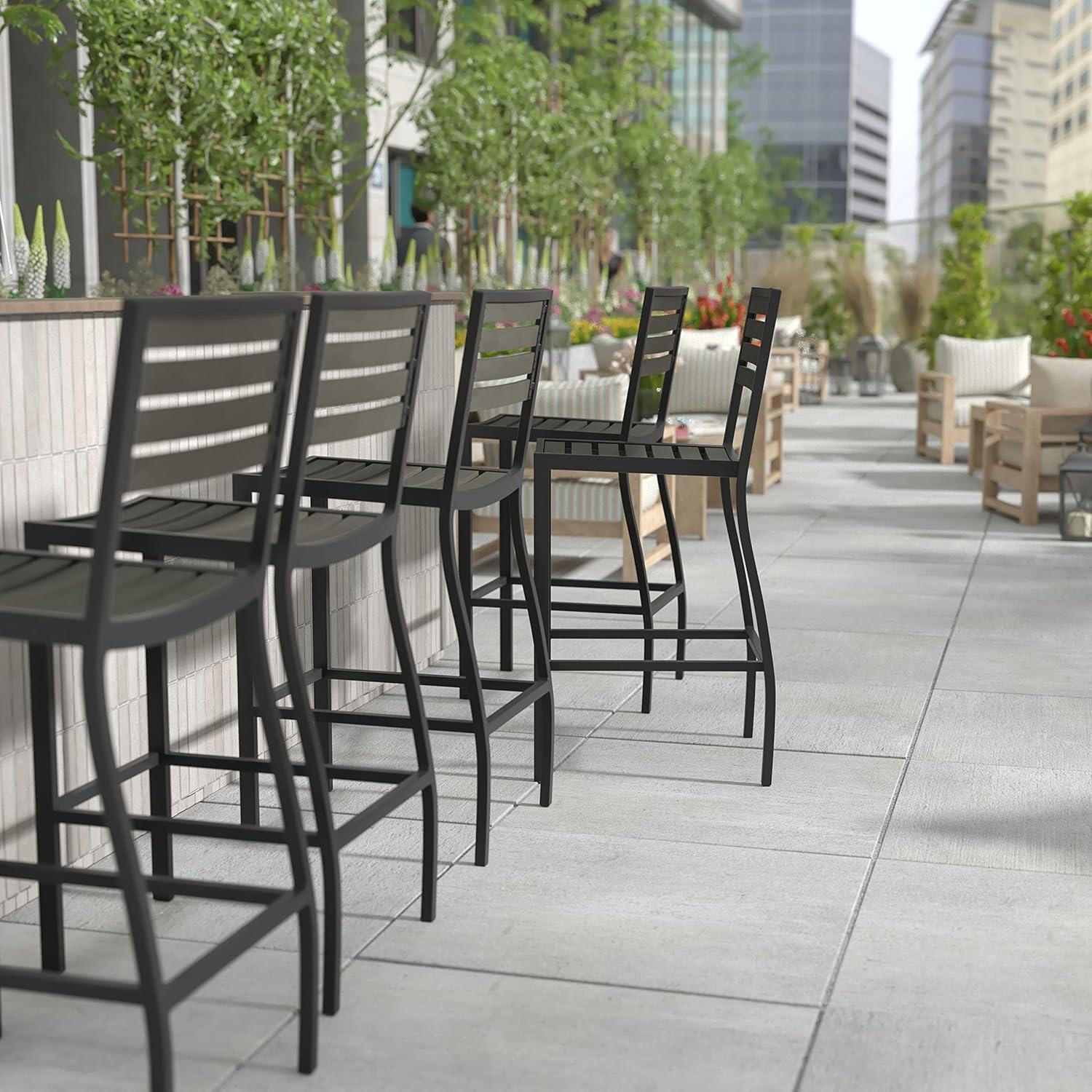 imageFlash Furniture Lark Commercial Grade Bar Height Stool AllWeather Outdoor Bar Stool with Faux Wood Poly Resin Slats and Aluminum Frame Gray WashGray Wash