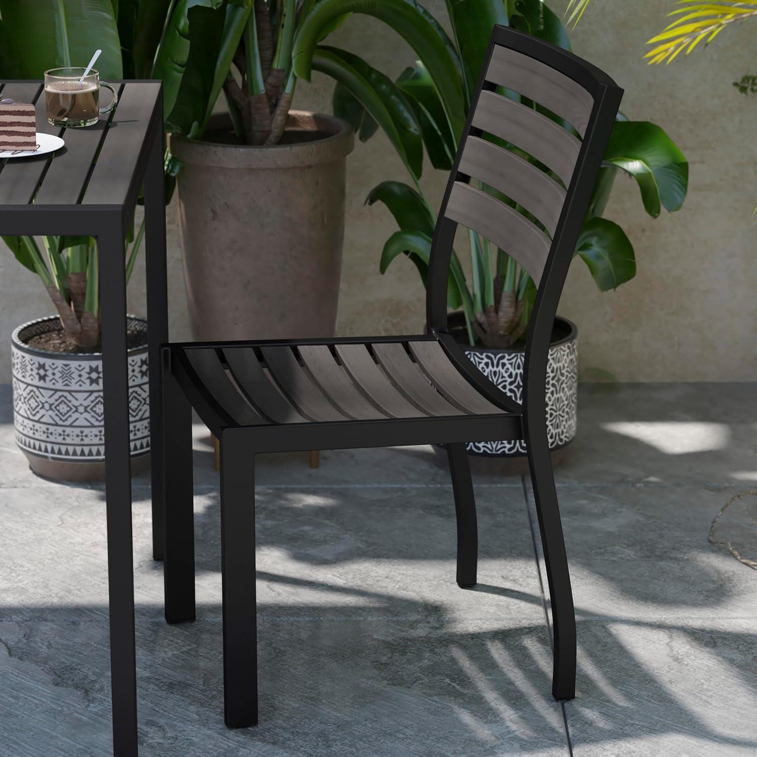 imageFlash Furniture Lark Outdoor Stackable Side Chair with Faux Teak Poly Slats Set of 2Gray Wash Teak