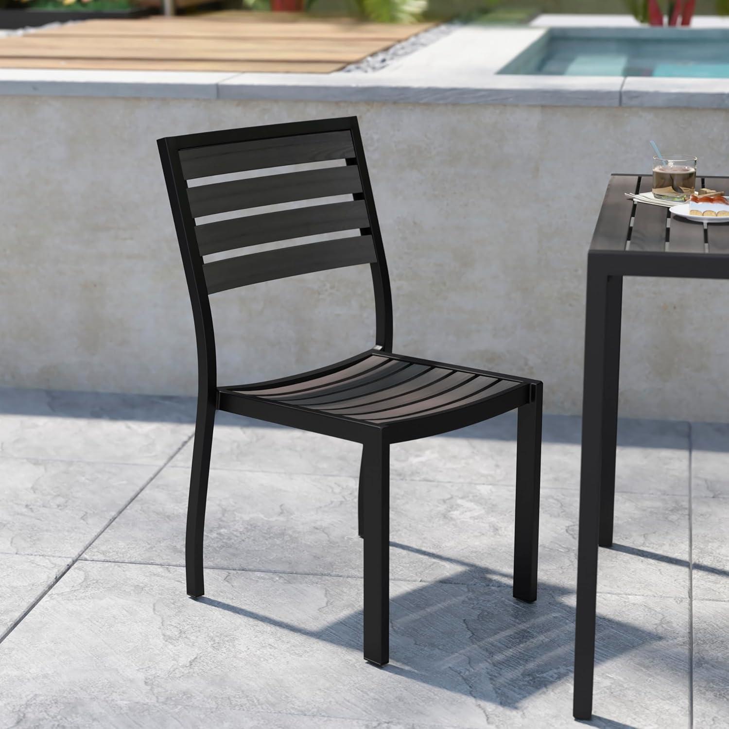 imageFlash Furniture Lark Outdoor Stackable Side Chair with Faux Teak Poly Slats Set of 2Gray Wash Teak