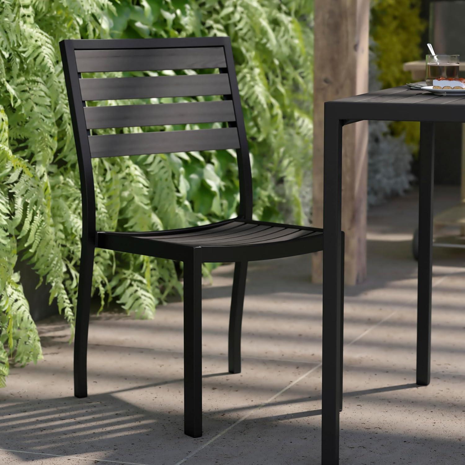 imageFlash Furniture Lark Outdoor Stackable Side Chair with Faux Teak Poly Slats Set of 2Gray Wash Teak