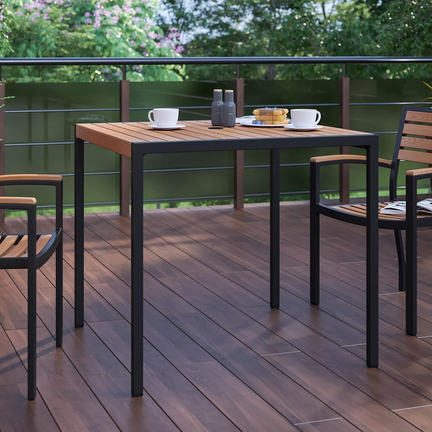 imageFlash Furniture Lark Outdoor Steel Dining Table Faux Teak Poly Slatted Top Commercial Grade Dining Table with Black Frame 35quot Square Umbrella Holder HoleTeak