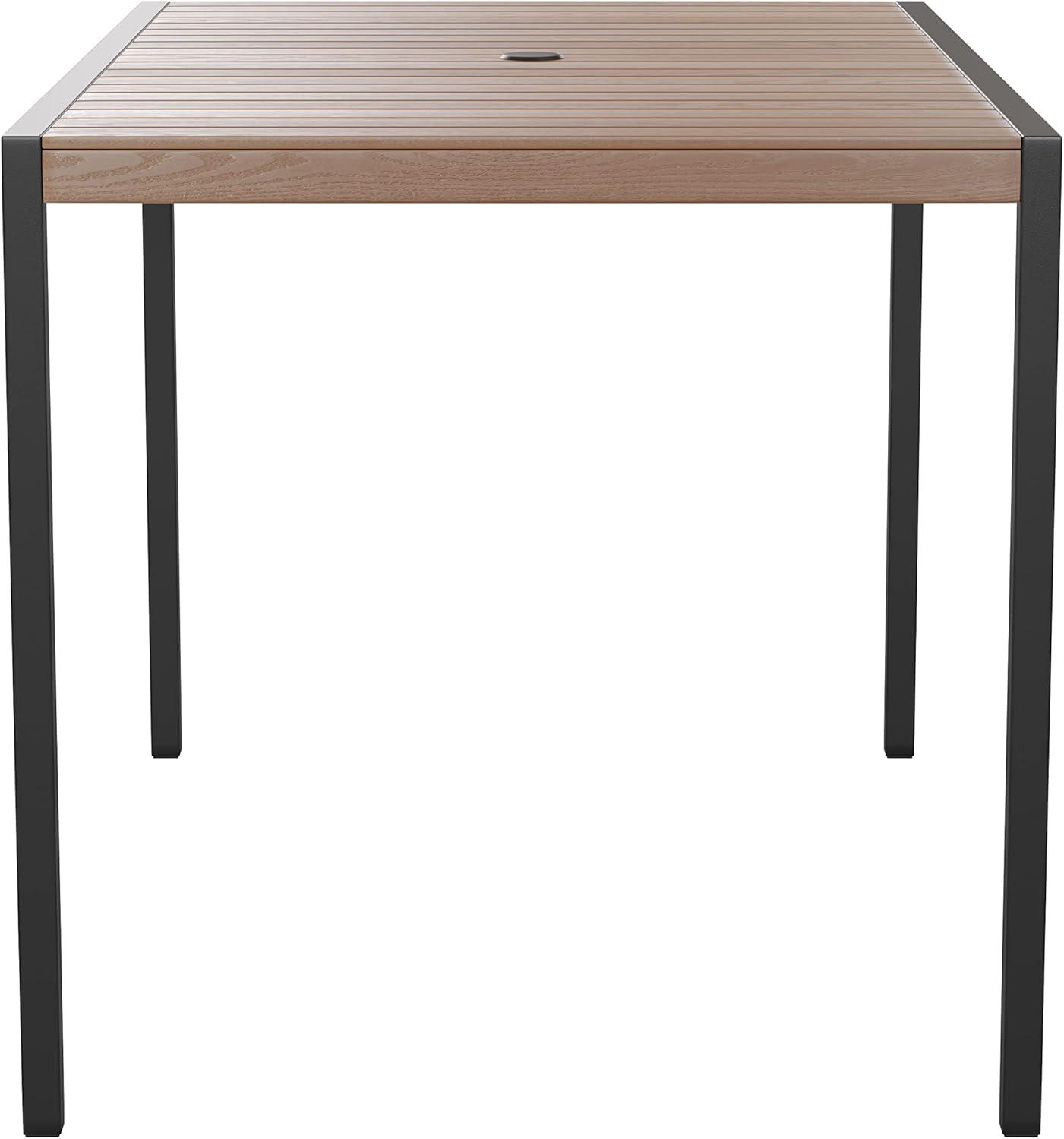 imageFlash Furniture Lark Outdoor Steel Dining Table Faux Teak Poly Slatted Top Commercial Grade Dining Table with Black Frame 35quot Square Umbrella Holder HoleTeak