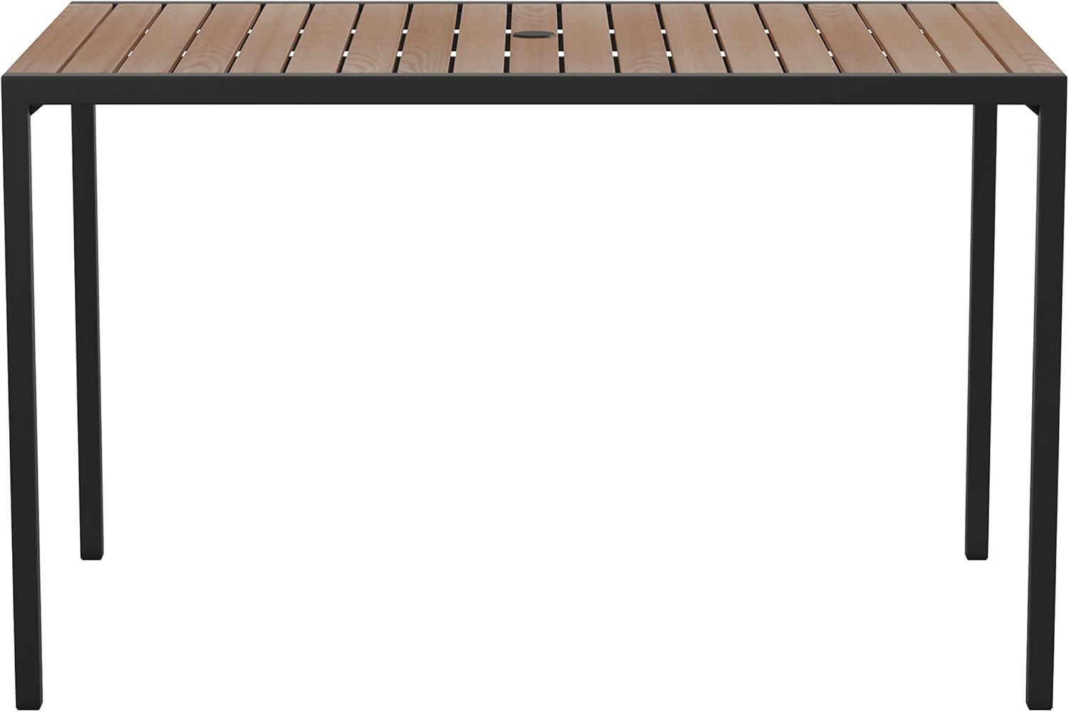 imageFlash Furniture Lark Outdoor Steel Dining Table Faux Teak Poly Slatted Top Commercial Grade Dining Table with Black Frame 35quot Square Umbrella Holder HoleTeak