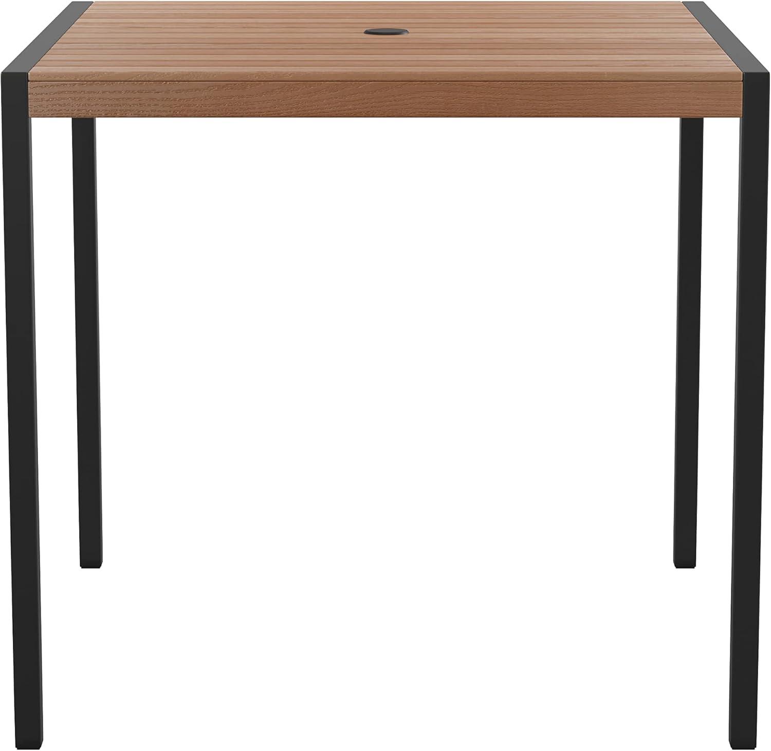 imageFlash Furniture Lark Outdoor Steel Dining Table Faux Teak Poly Slatted Top Commercial Grade Dining Table with Black Frame 35quot Square Umbrella Holder HoleTeak