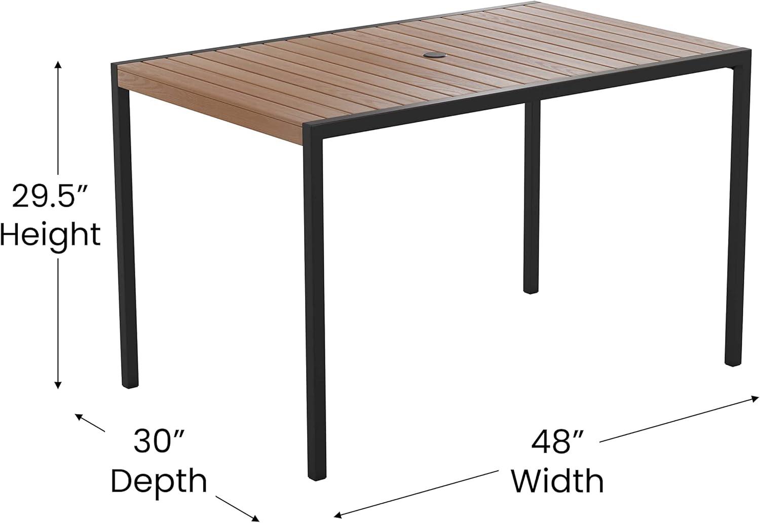imageFlash Furniture Lark Outdoor Steel Dining Table Faux Teak Poly Slatted Top Commercial Grade Dining Table with Black Frame 35quot Square Umbrella Holder HoleTeak