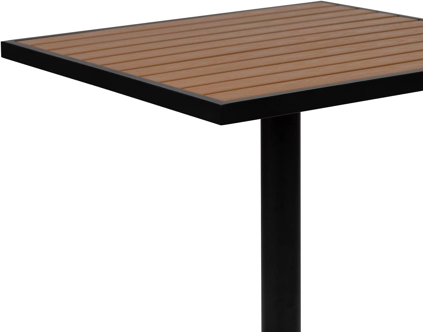 imageFlash Furniture Lark Outdoor Steel Dining Table Faux Teak Poly Slatted Top Commercial Grade Dining Table with Black Frame 35quot Square Umbrella Holder HoleTeak