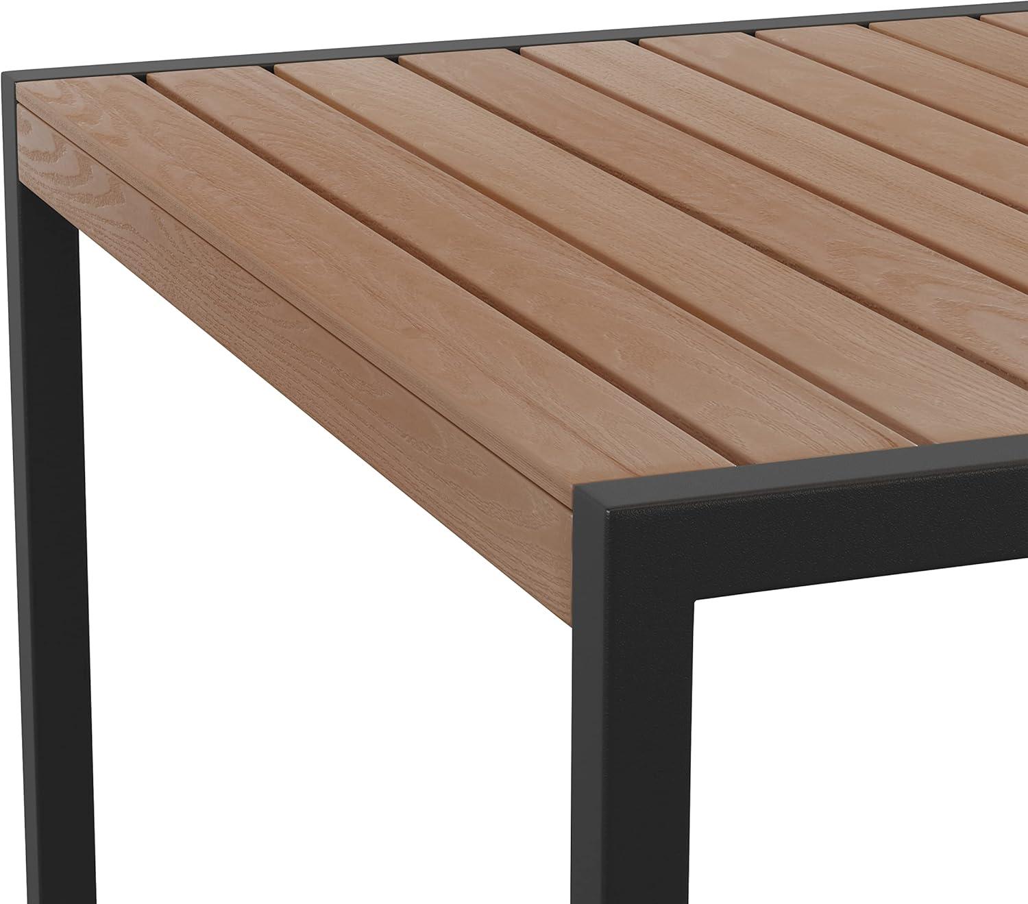 imageFlash Furniture Lark Outdoor Steel Dining Table Faux Teak Poly Slatted Top Commercial Grade Dining Table with Black Frame 35quot Square Umbrella Holder HoleTeak