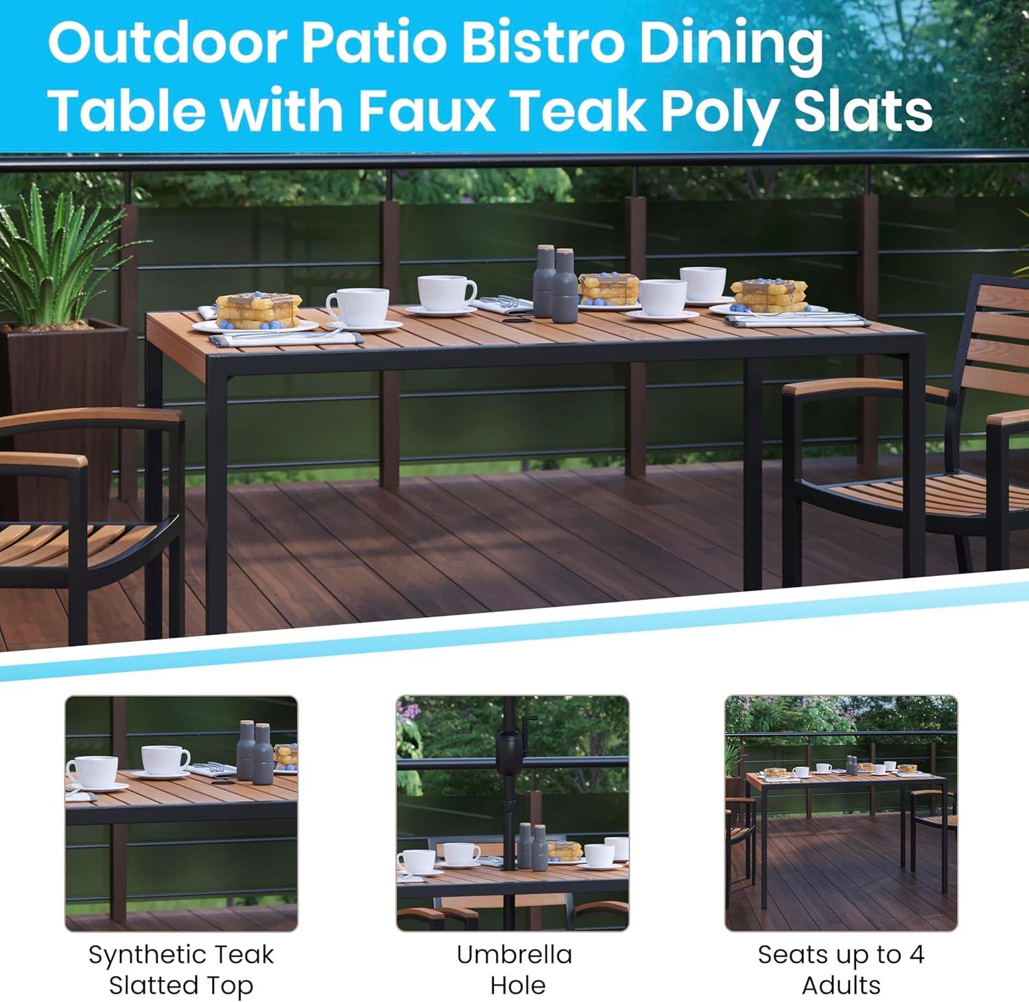 imageFlash Furniture Lark Outdoor Steel Dining Table Faux Teak Poly Slatted Top Commercial Grade Dining Table with Black Frame 35quot Square Umbrella Holder HoleTeak