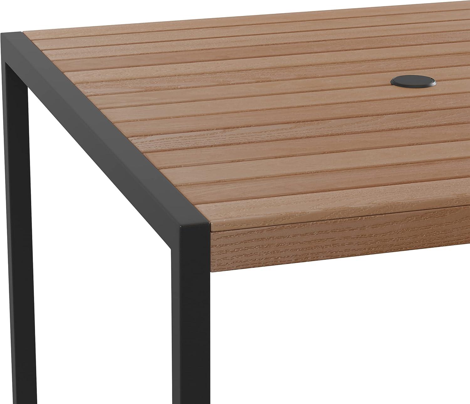 imageFlash Furniture Lark Outdoor Steel Dining Table Faux Teak Poly Slatted Top Commercial Grade Dining Table with Black Frame 35quot Square Umbrella Holder HoleTeak