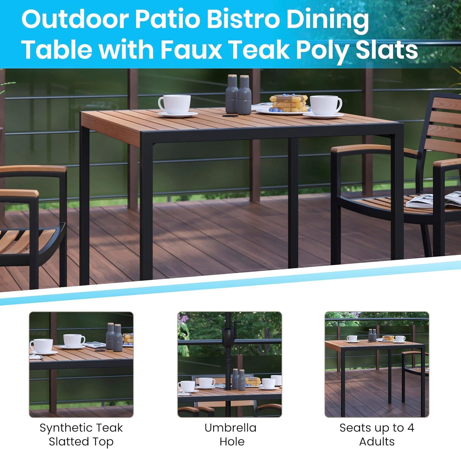 imageFlash Furniture Lark Outdoor Steel Dining Table Faux Teak Poly Slatted Top Commercial Grade Dining Table with Black Frame 35quot Square Umbrella Holder HoleTeak