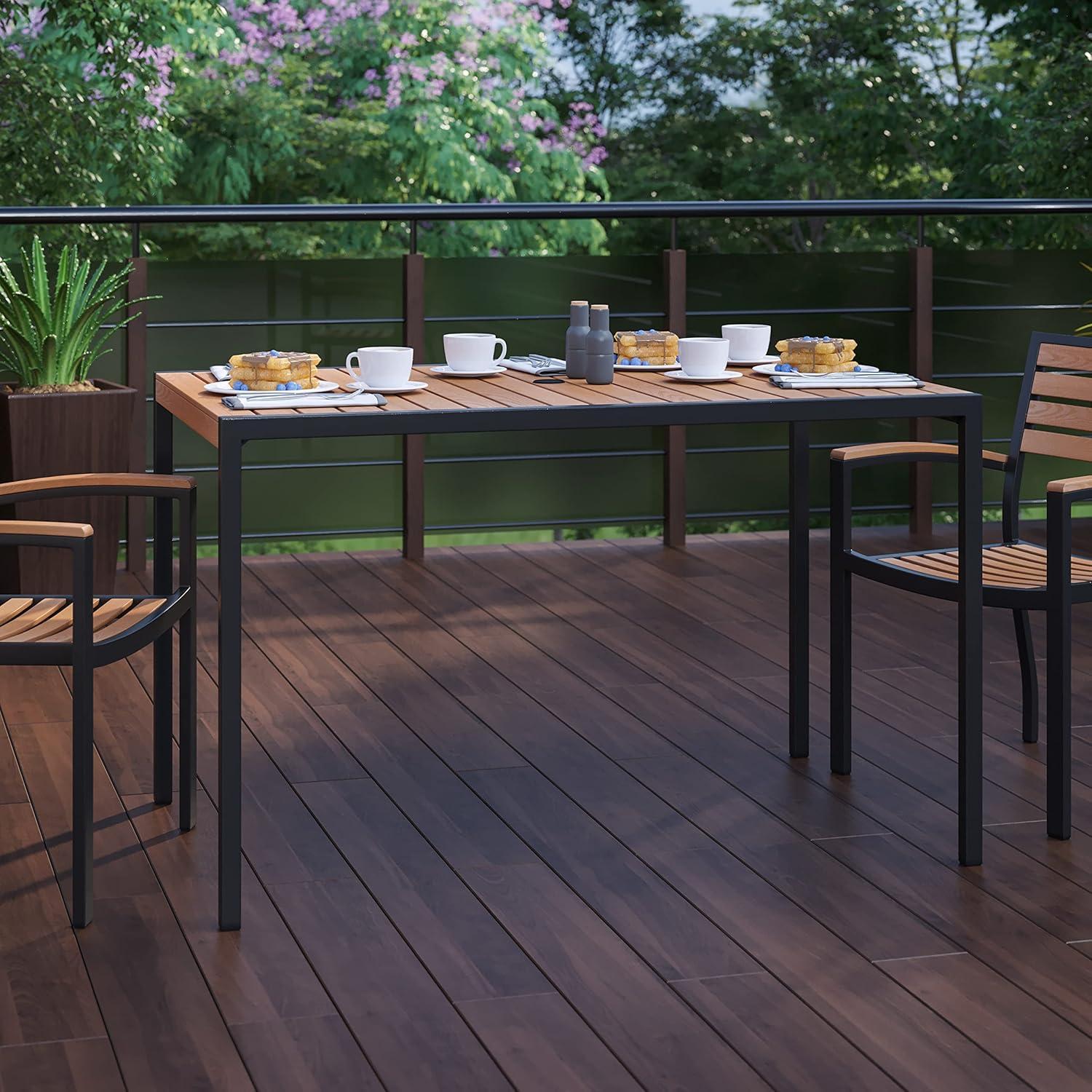 imageFlash Furniture Lark Outdoor Steel Dining Table Faux Teak Poly Slatted Top Commercial Grade Dining Table with Black Frame 35quot Square Umbrella Holder HoleTeak