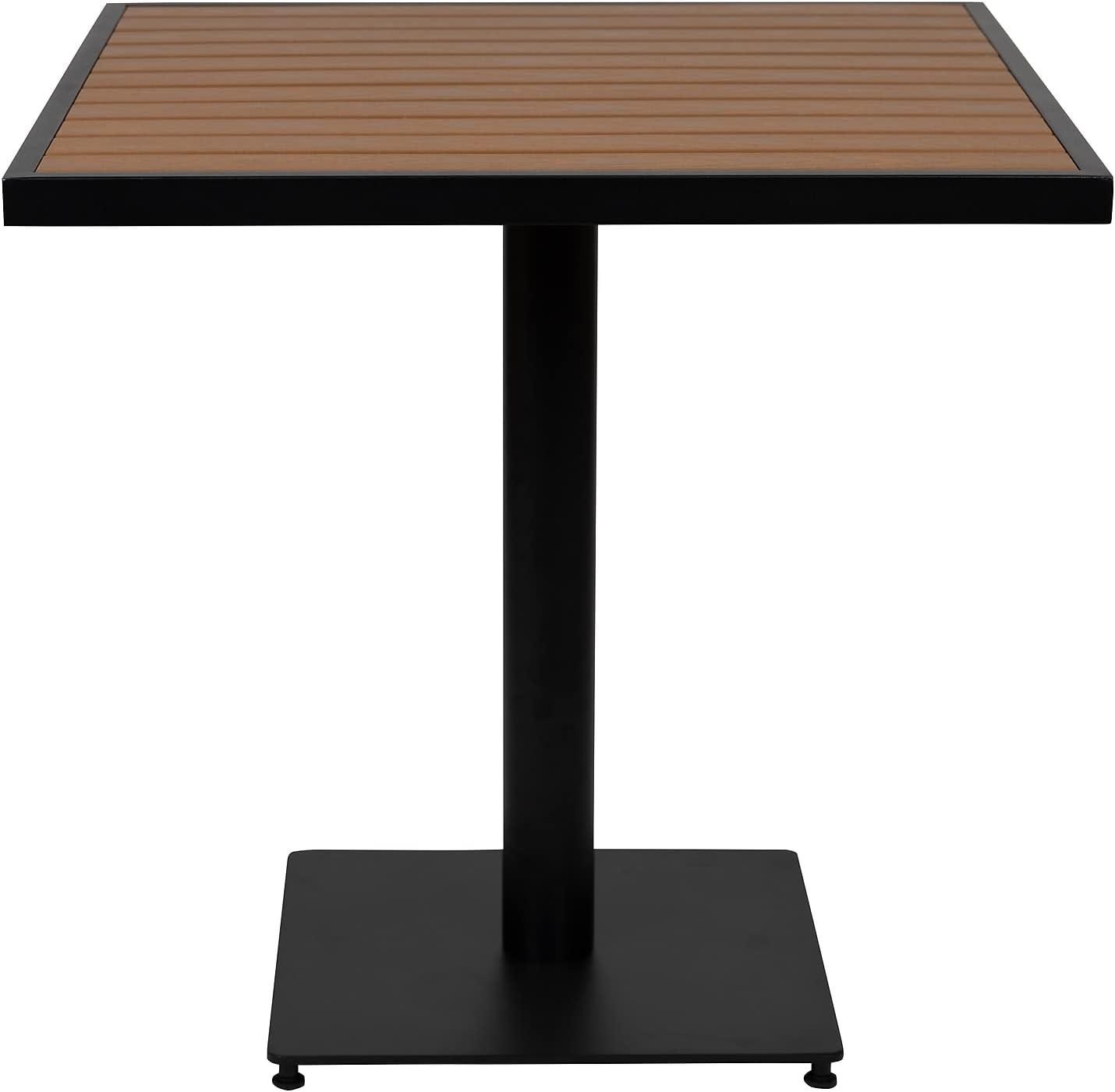 imageFlash Furniture Lark Outdoor Steel Dining Table Faux Teak Poly Slatted Top Commercial Grade Dining Table with Black Frame 35quot Square Umbrella Holder HoleTeak