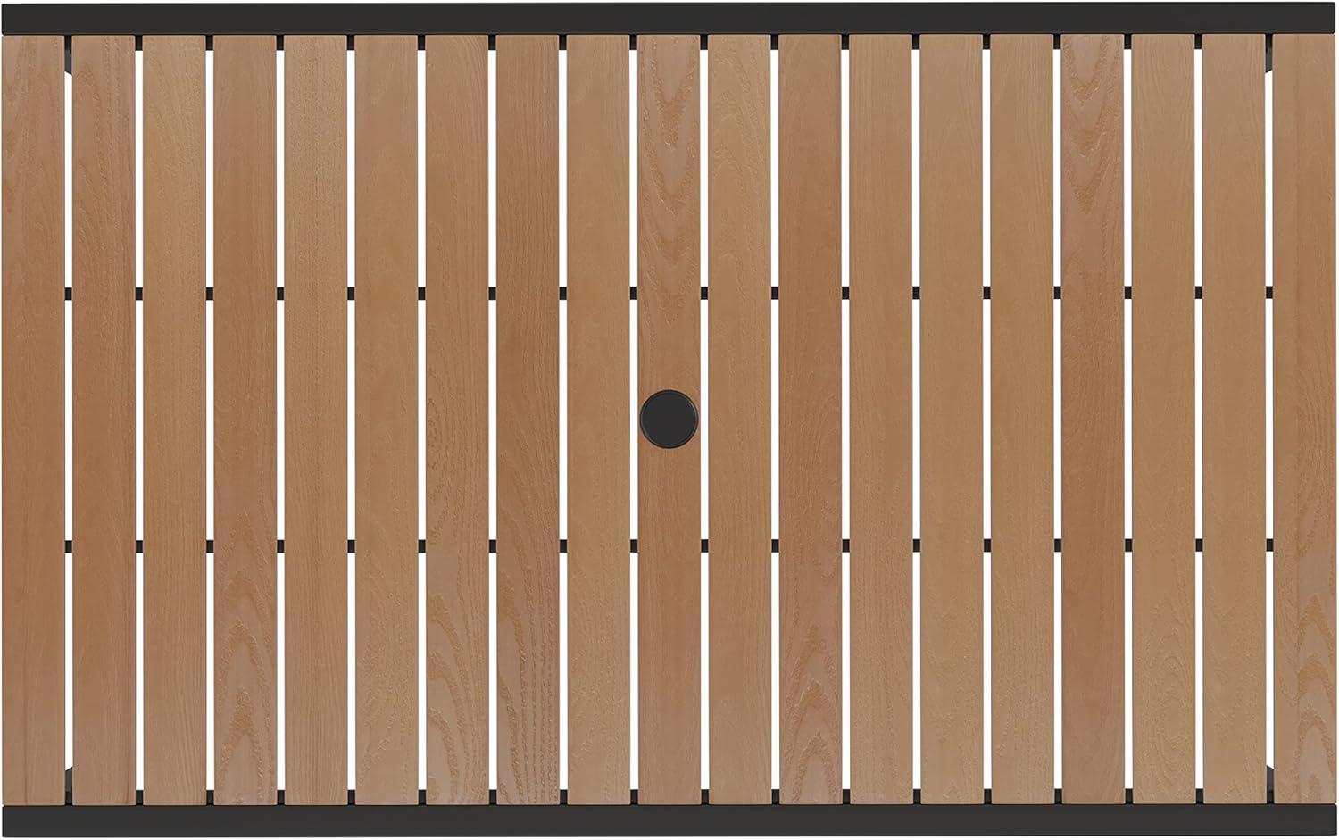 imageFlash Furniture Lark Outdoor Steel Dining Table Faux Teak Poly Slatted Top Commercial Grade Dining Table with Black Frame 35quot Square Umbrella Holder HoleTeak