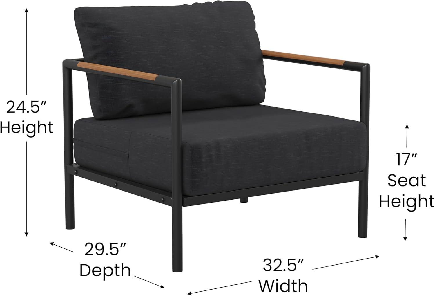imageFlash Furniture Lea IndoorOutdoor Patio Chair with Cushions Modern Aluminum Framed Chair with Teak Accented Arms Black with Charcoal CushionsCharcoal