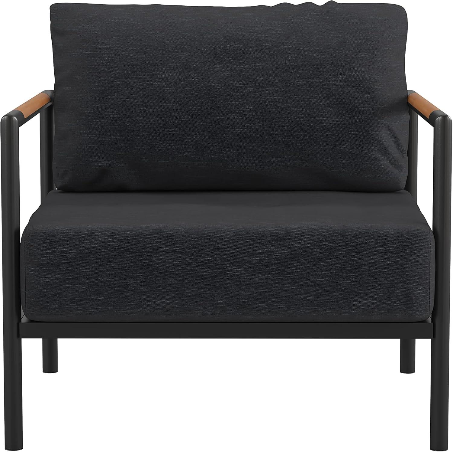 imageFlash Furniture Lea IndoorOutdoor Patio Chair with Cushions Modern Aluminum Framed Chair with Teak Accented Arms Black with Charcoal CushionsCharcoal