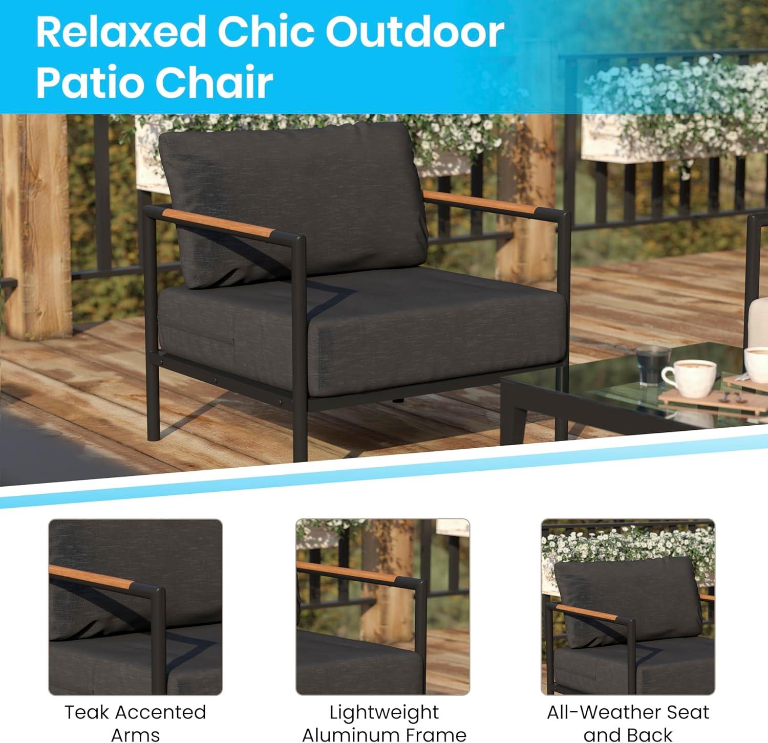 imageFlash Furniture Lea IndoorOutdoor Patio Chair with Cushions Modern Aluminum Framed Chair with Teak Accented Arms Black with Charcoal CushionsCharcoal