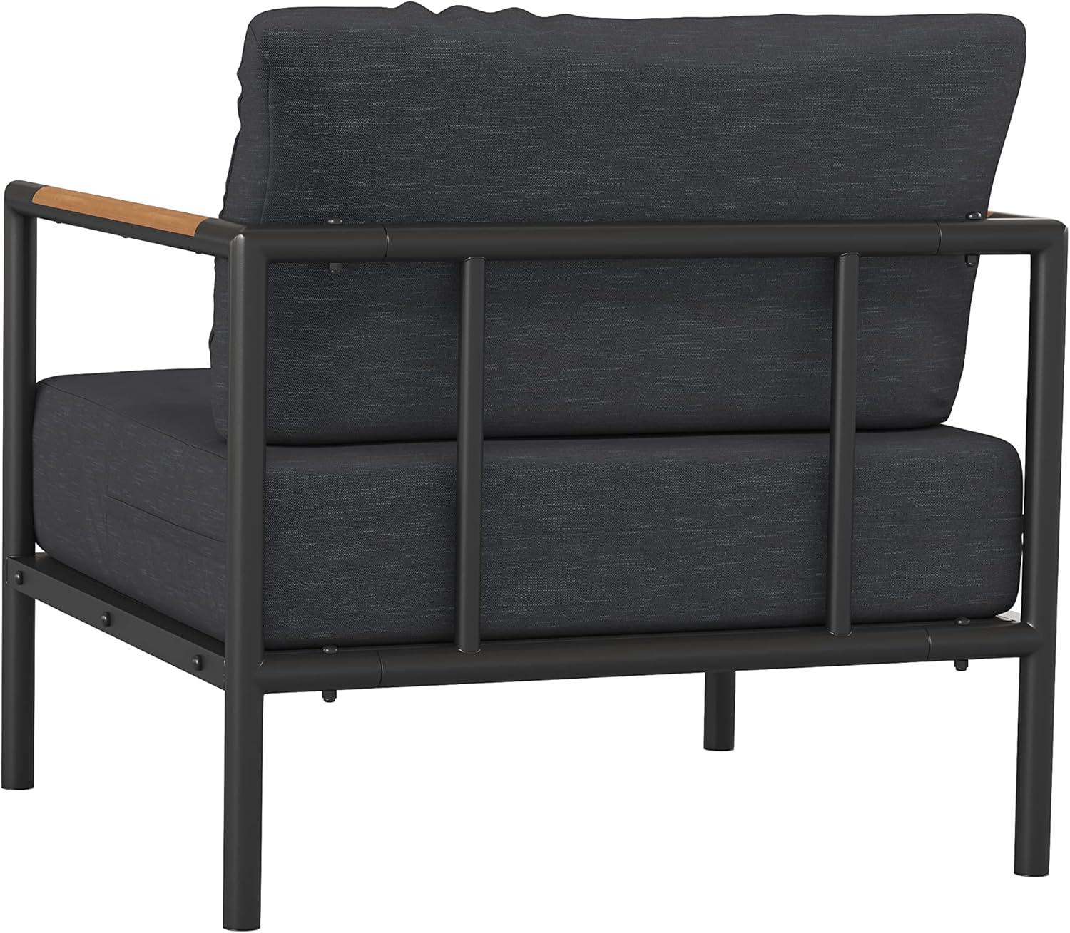imageFlash Furniture Lea IndoorOutdoor Patio Chair with Cushions Modern Aluminum Framed Chair with Teak Accented Arms Black with Charcoal CushionsCharcoal