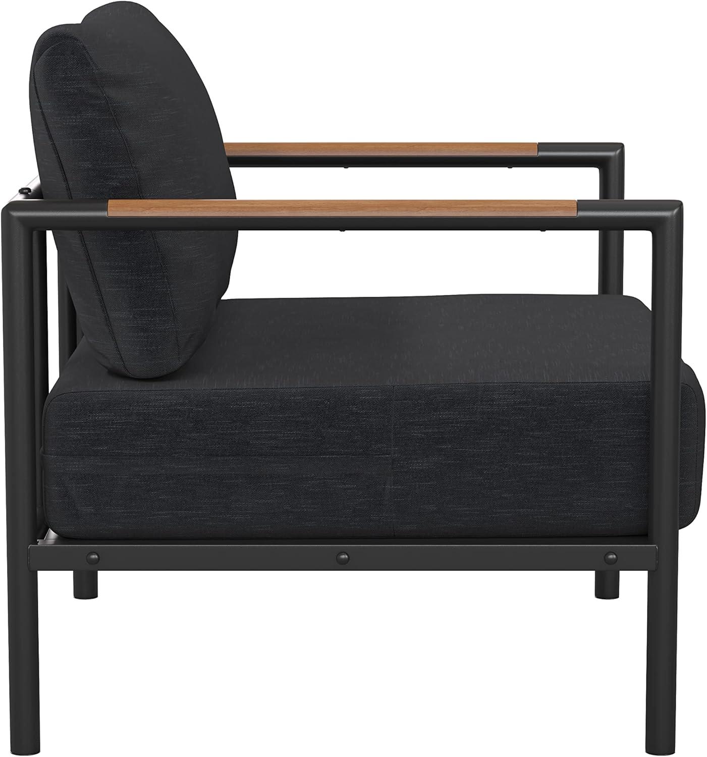 imageFlash Furniture Lea IndoorOutdoor Patio Chair with Cushions Modern Aluminum Framed Chair with Teak Accented Arms Black with Charcoal CushionsCharcoal