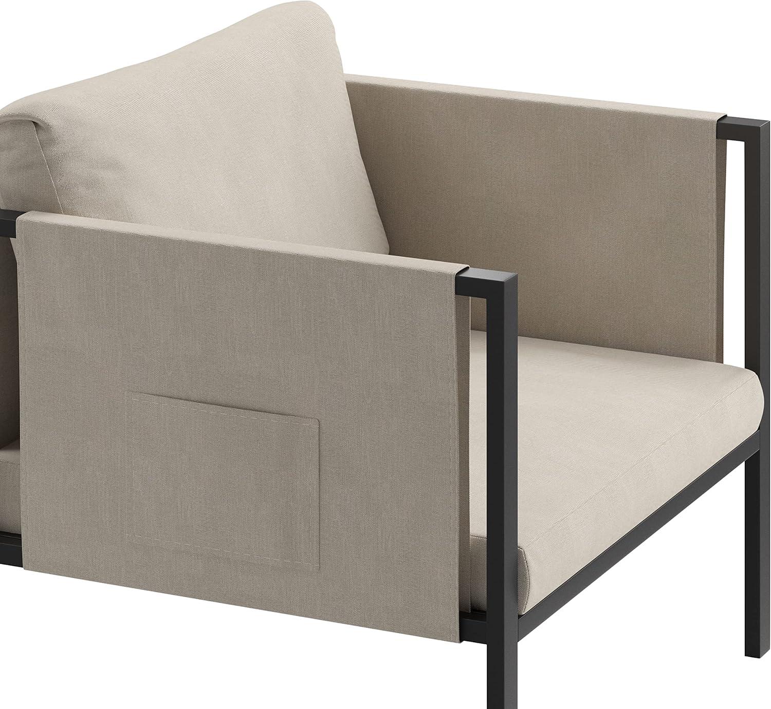 imageFlash Furniture Lea IndoorOutdoor Patio Chair with Cushions Modern Steel Framed Chair with Storage Pockets Black with Beige CushionsLight Gray