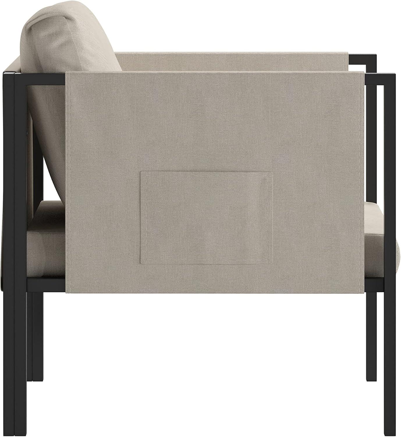 imageFlash Furniture Lea IndoorOutdoor Patio Chair with Cushions Modern Steel Framed Chair with Storage Pockets Black with Beige CushionsLight Gray