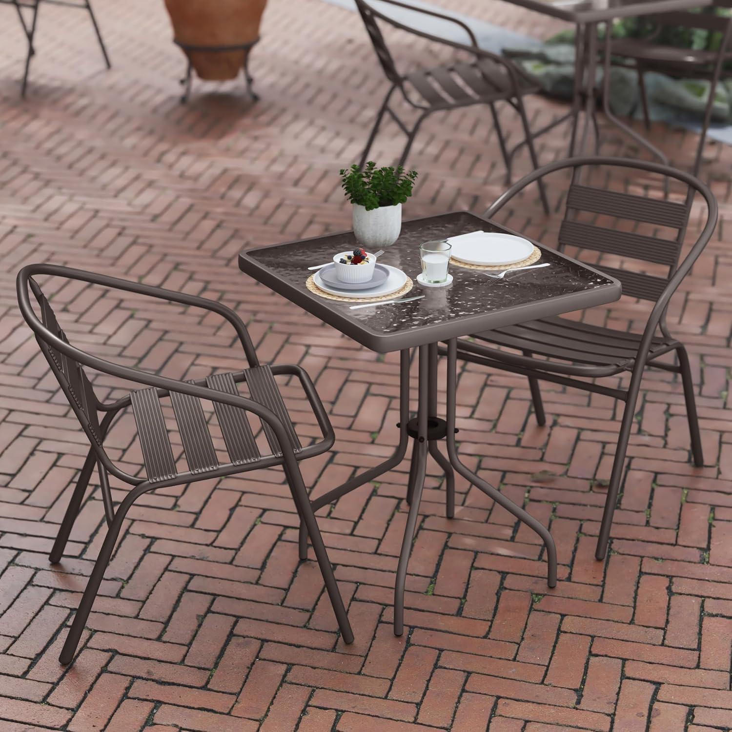 imageFlash Furniture Lila 235 Square Glass Metal Table with 2 Black Metal Aluminum Slat Stack ChairsBronze