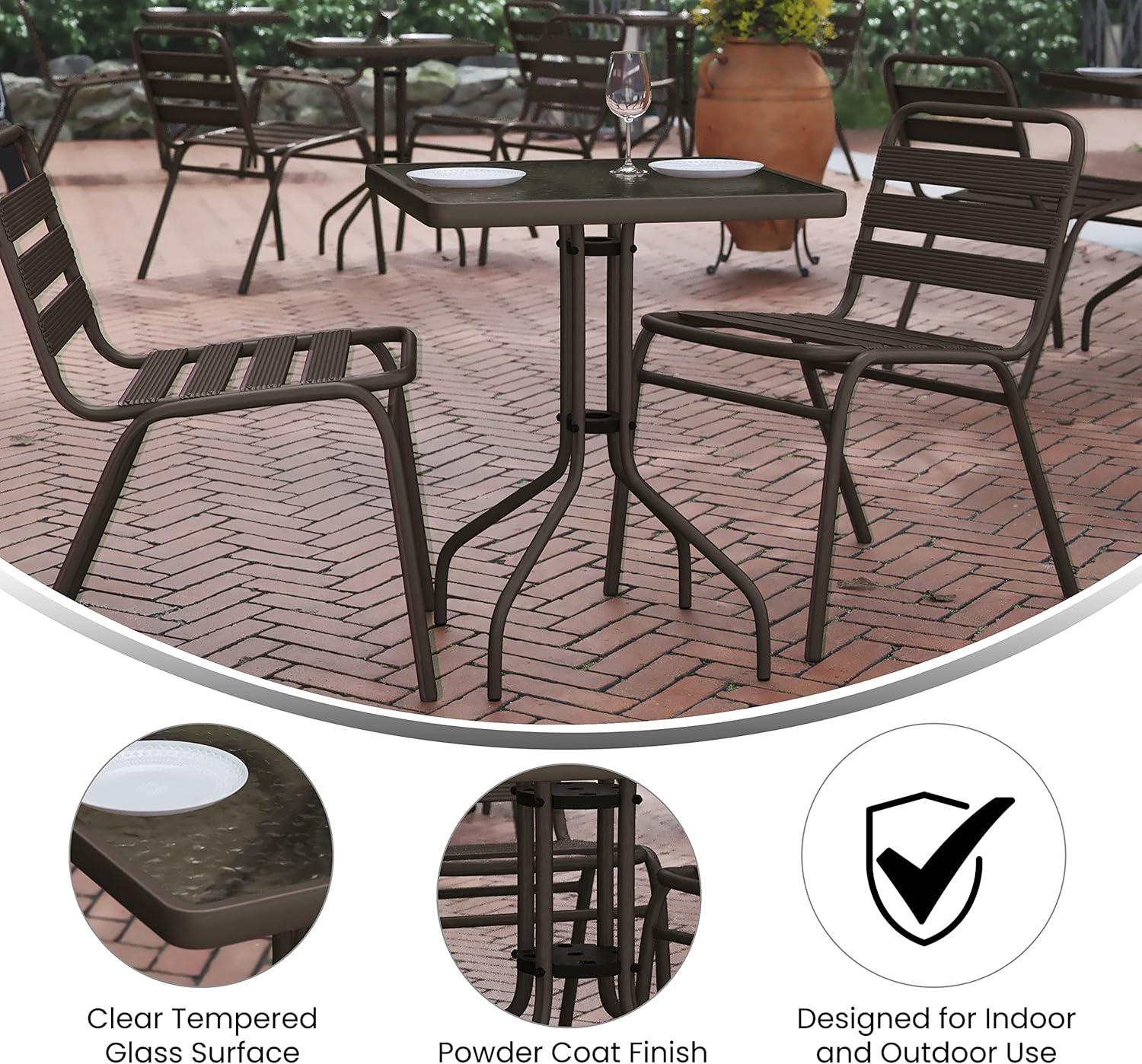 imageFlash Furniture Lila 235 Square Glass Metal Table with 2 Black Metal Aluminum Slat Stack ChairsBronze