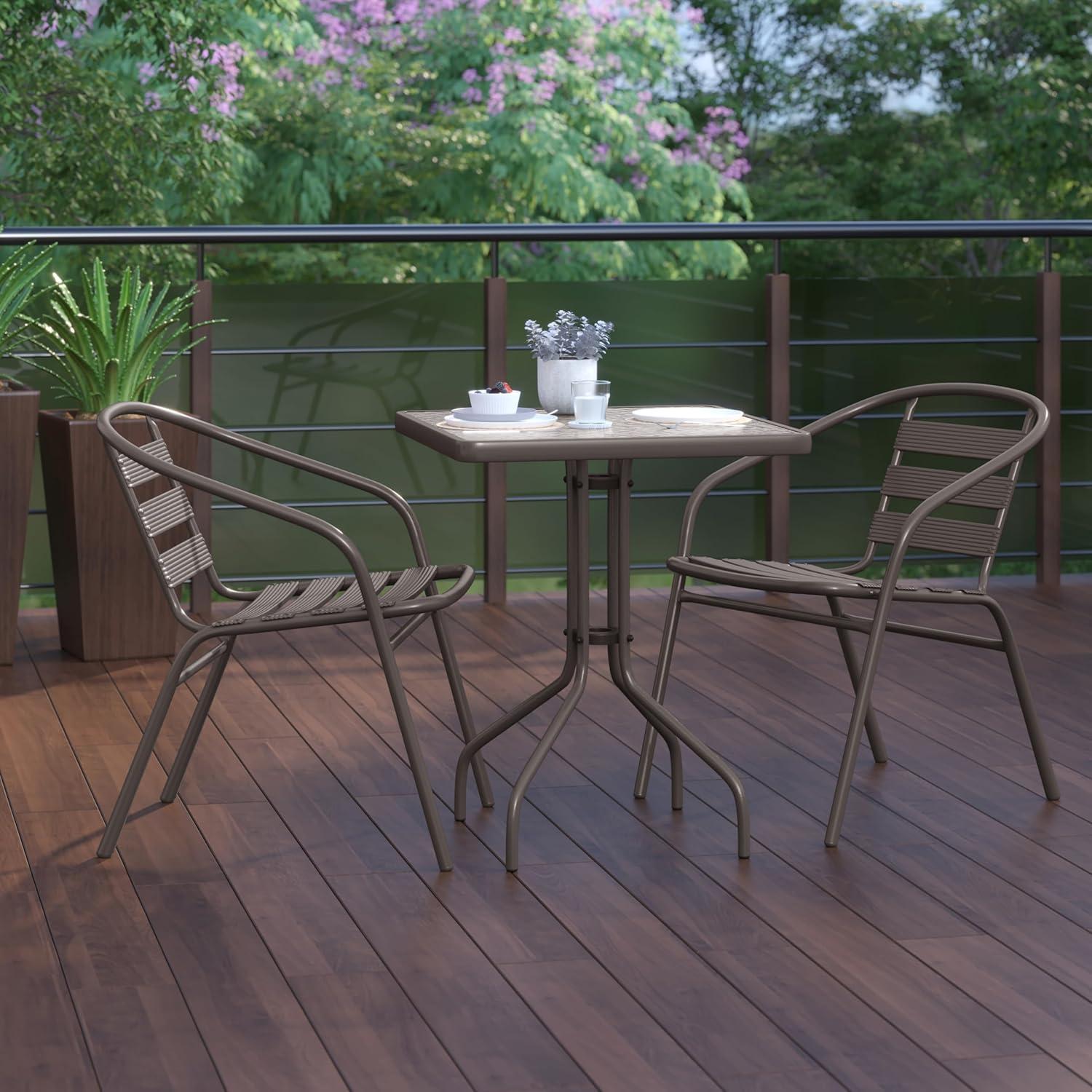 imageFlash Furniture Lila 235 Square Glass Metal Table with 2 Black Metal Aluminum Slat Stack ChairsBronze