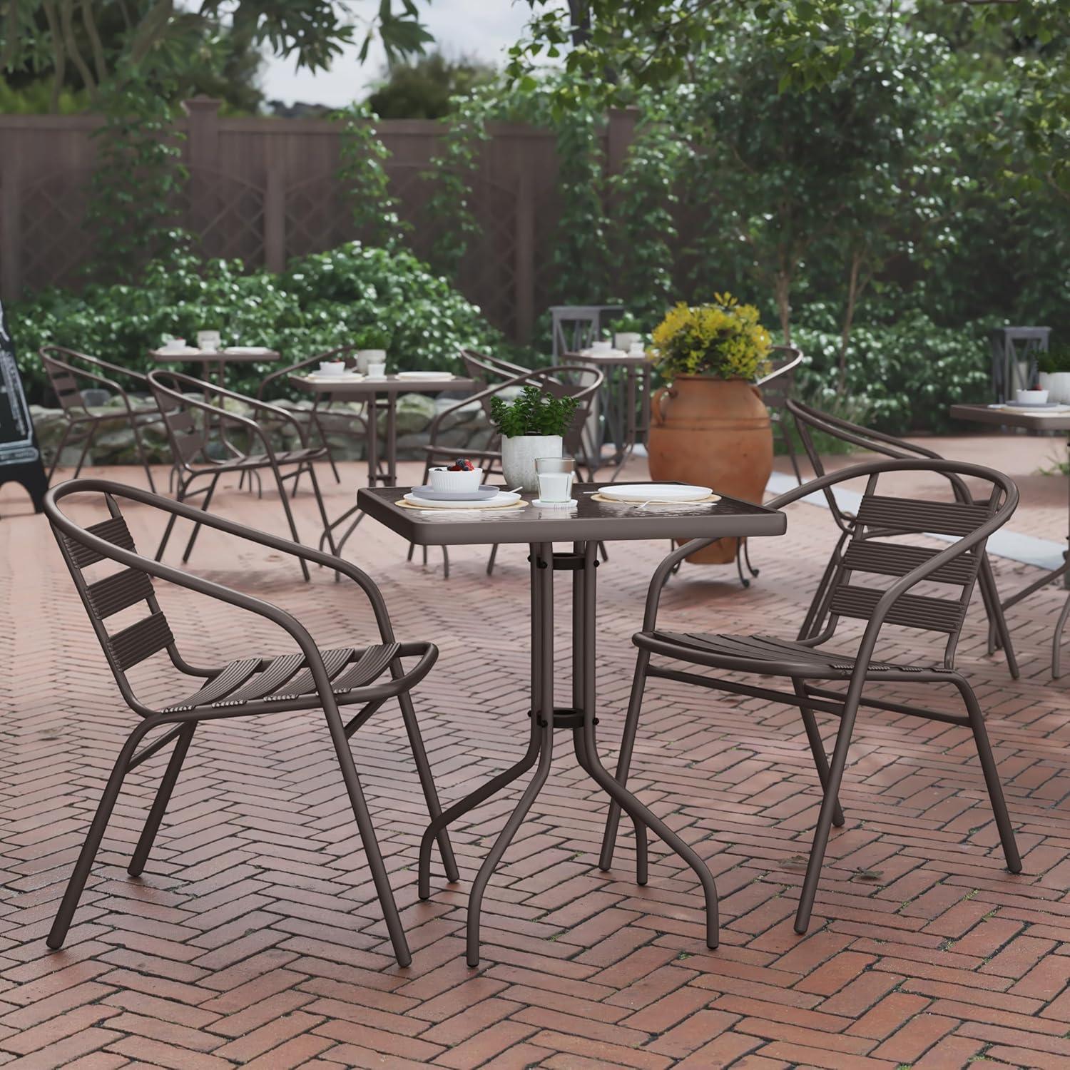 imageFlash Furniture Lila 235 Square Glass Metal Table with 2 Black Metal Aluminum Slat Stack ChairsBronze