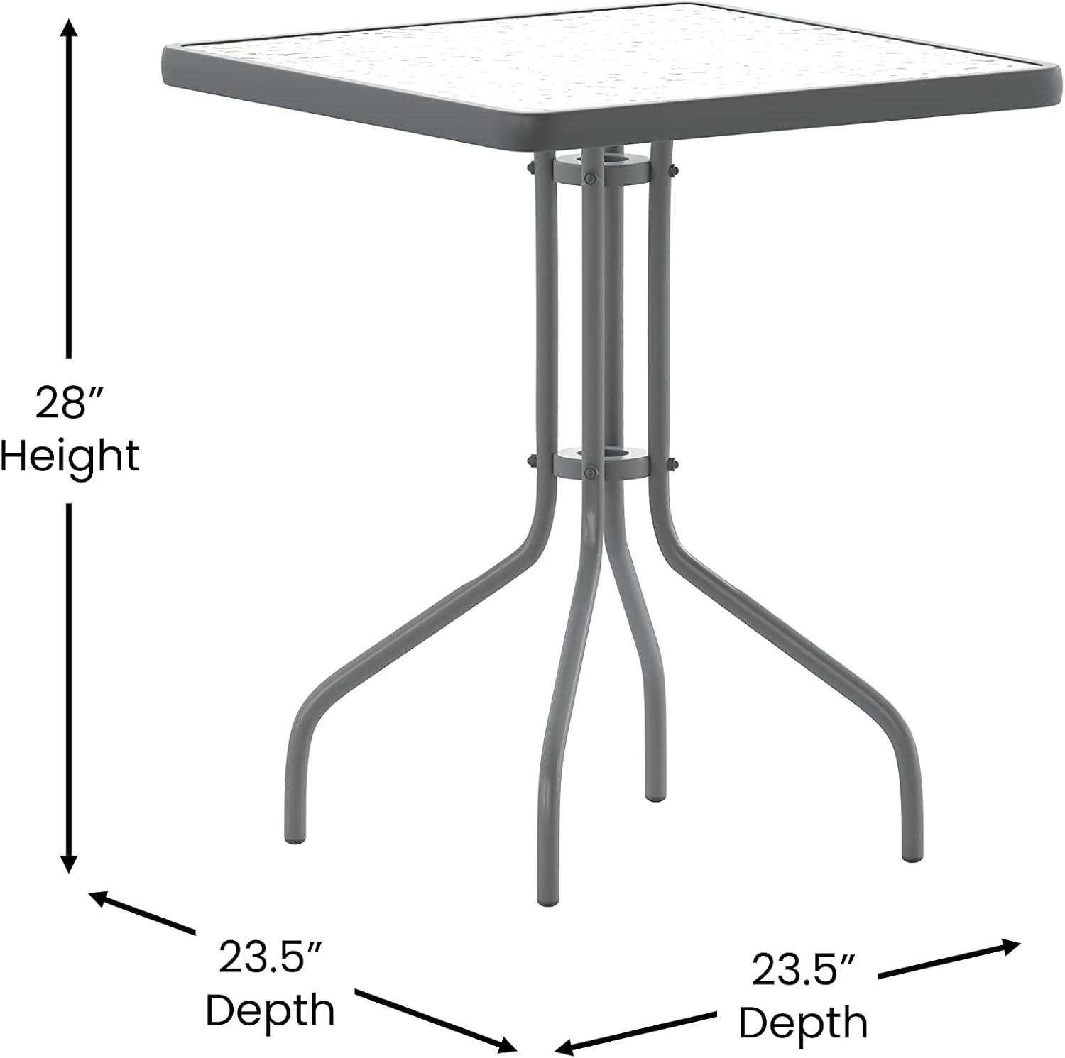 imageFlash Furniture Lila 235 Square Glass Metal Table with 2 Black Metal Aluminum Slat Stack ChairsSilver