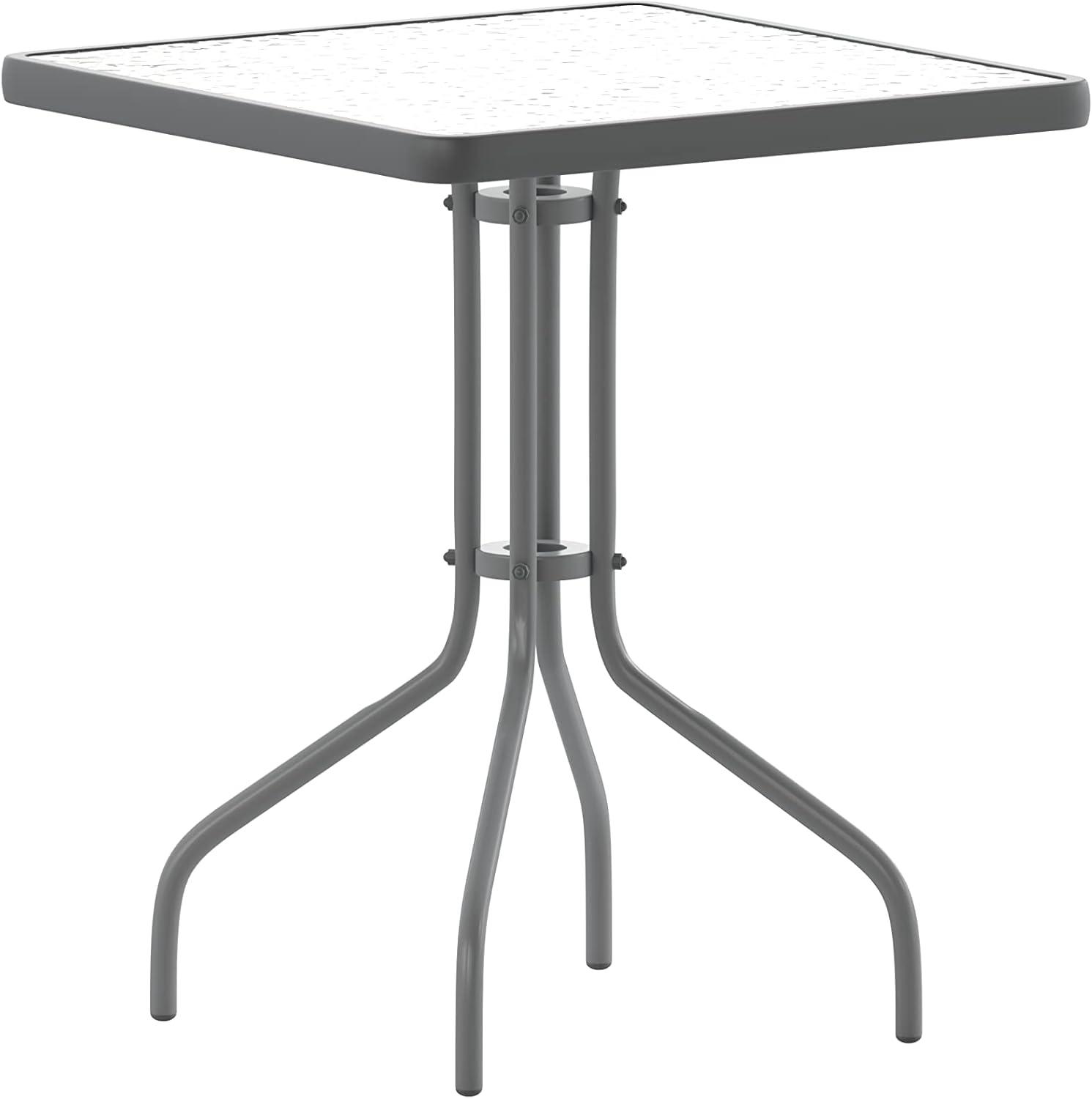 imageFlash Furniture Lila 235 Square Glass Metal Table with 2 Black Metal Aluminum Slat Stack ChairsSilver