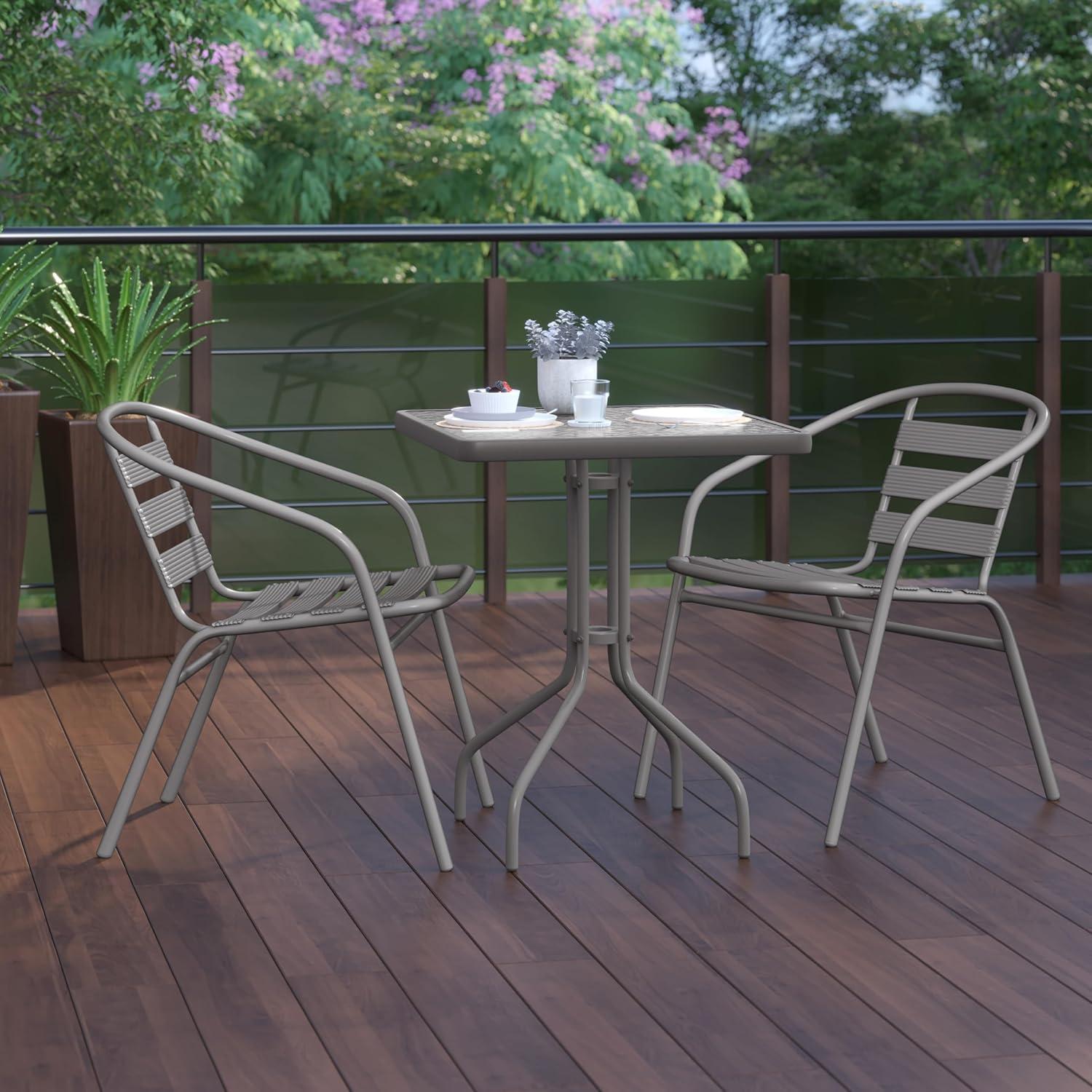 imageFlash Furniture Lila 235 Square Glass Metal Table with 2 Black Metal Aluminum Slat Stack ChairsSilver