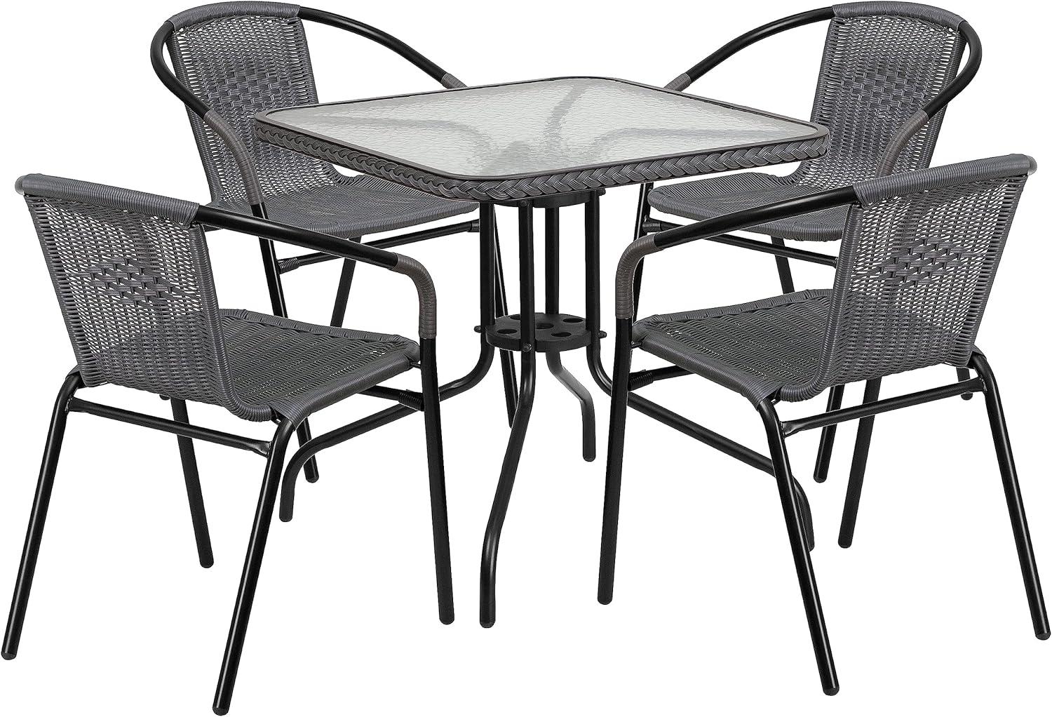 imageFlash Furniture Lila 3Piece 28quot Square IndoorOutdoor Patio Table and Chairs Set Glass Metal Bistro Table and 2 Stacking Rattan Chairs BrownClearGray
