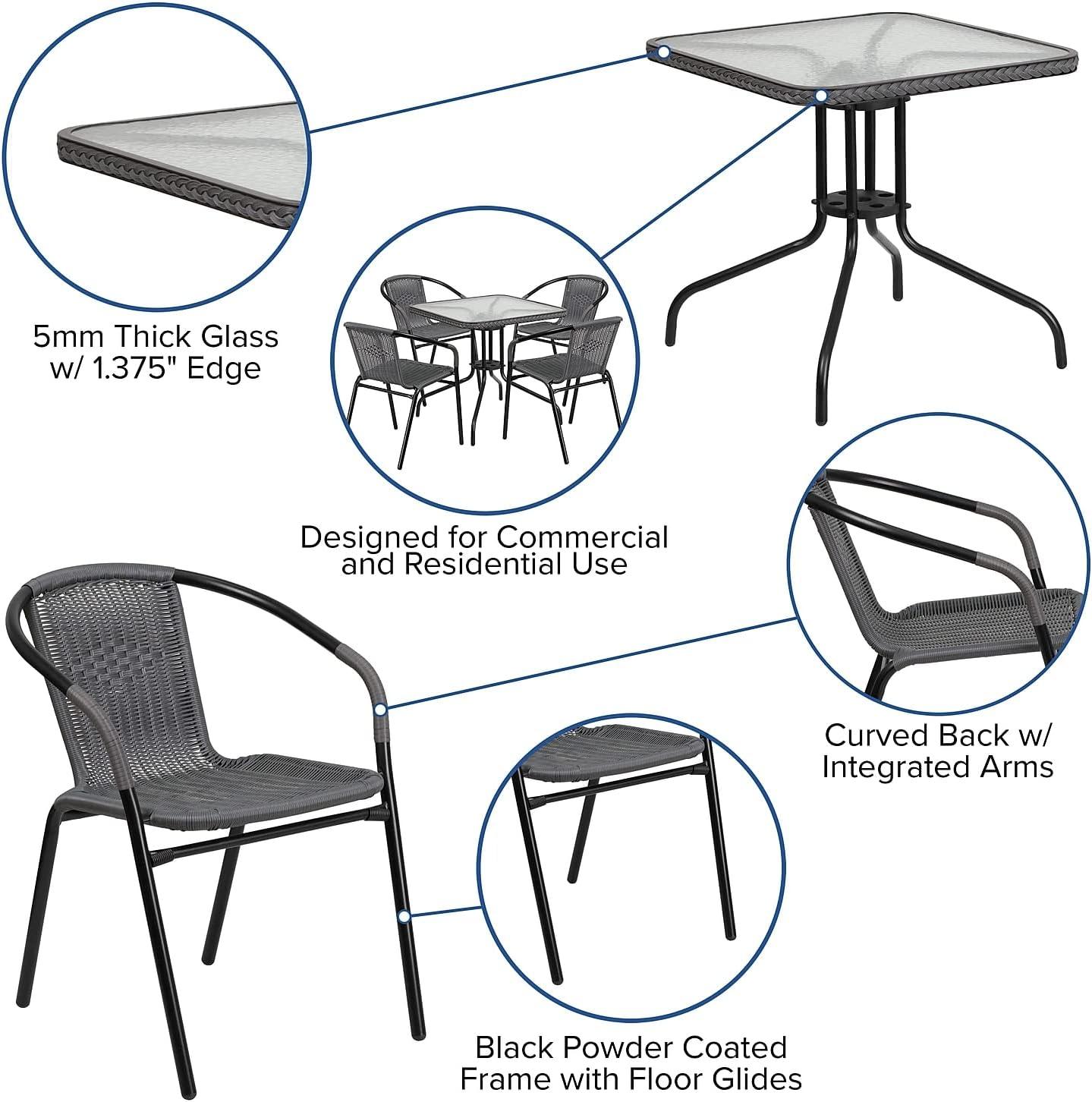 imageFlash Furniture Lila 3Piece 28quot Square IndoorOutdoor Patio Table and Chairs Set Glass Metal Bistro Table and 2 Stacking Rattan Chairs BrownClearGray
