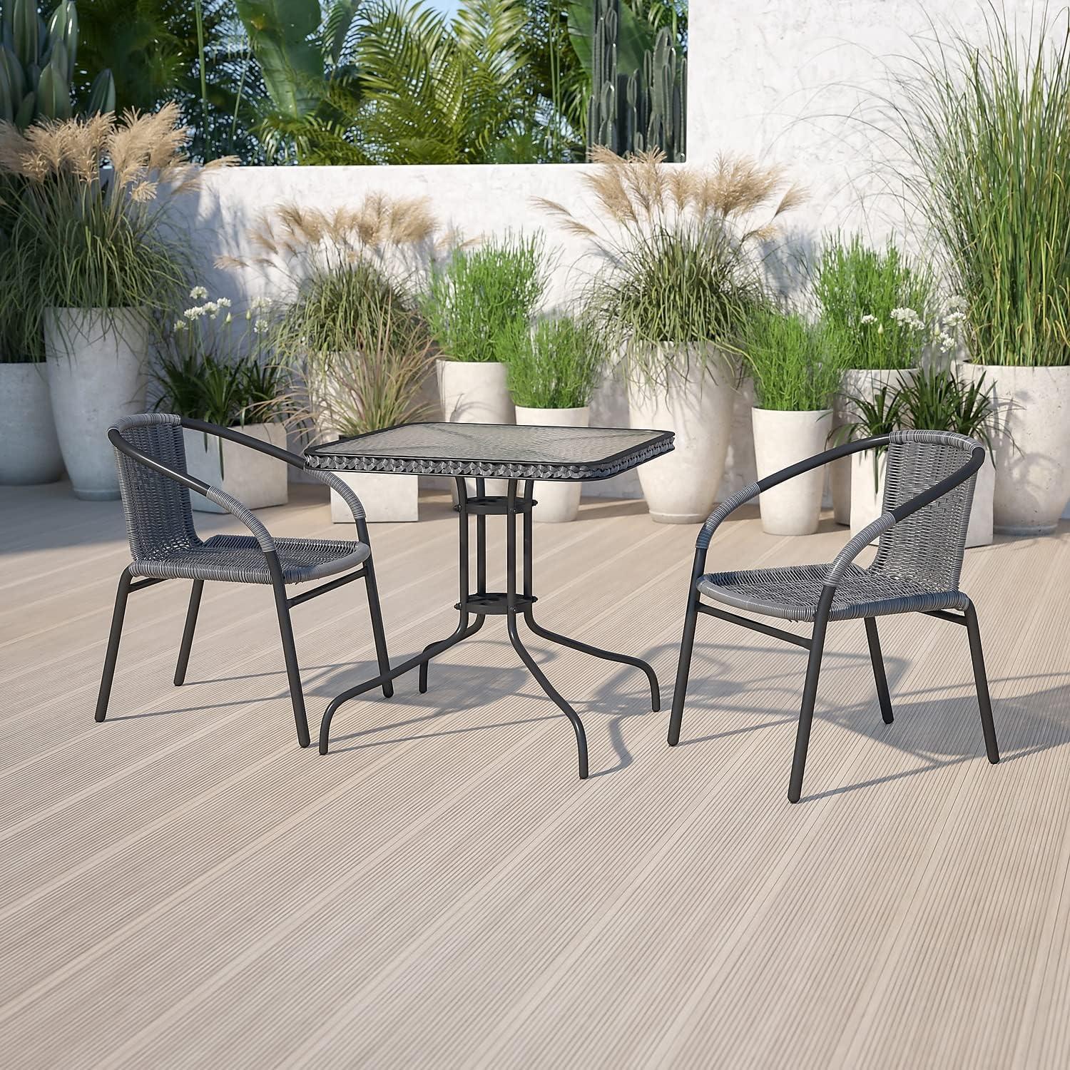 imageFlash Furniture Lila 3Piece 28quot Square IndoorOutdoor Patio Table and Chairs Set Glass Metal Bistro Table and 2 Stacking Rattan Chairs BrownClearGray