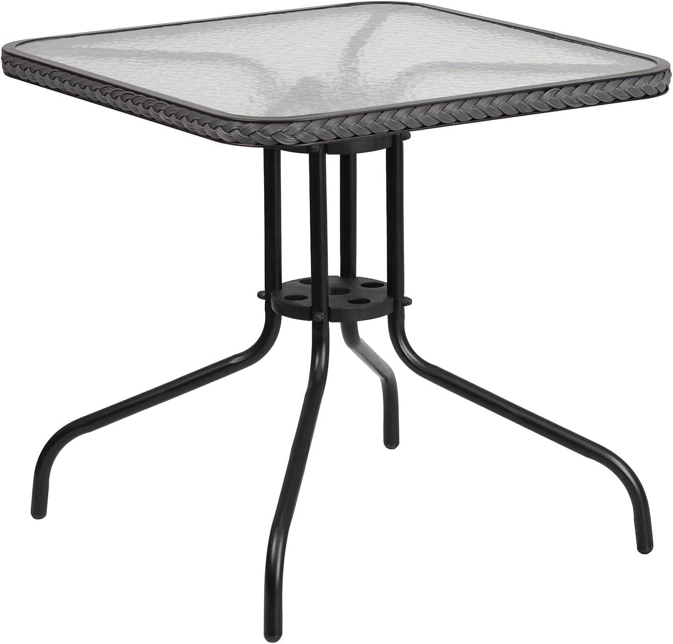 imageFlash Furniture Lila 3Piece 28quot Square IndoorOutdoor Patio Table and Chairs Set Glass Metal Bistro Table and 2 Stacking Rattan Chairs BrownClearGray