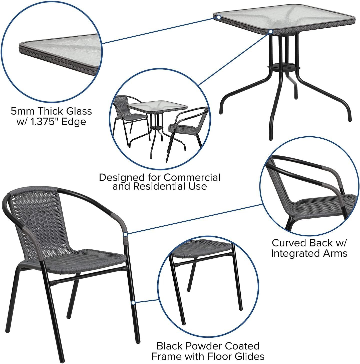 imageFlash Furniture Lila 3Piece 28quot Square IndoorOutdoor Patio Table and Chairs Set Glass Metal Bistro Table and 2 Stacking Rattan Chairs BrownClearGray