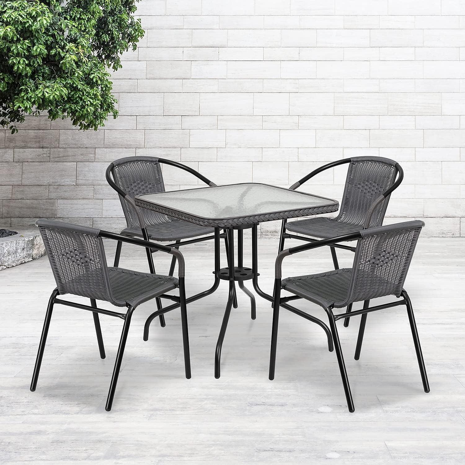 imageFlash Furniture Lila 3Piece 28quot Square IndoorOutdoor Patio Table and Chairs Set Glass Metal Bistro Table and 2 Stacking Rattan Chairs BrownClearGray