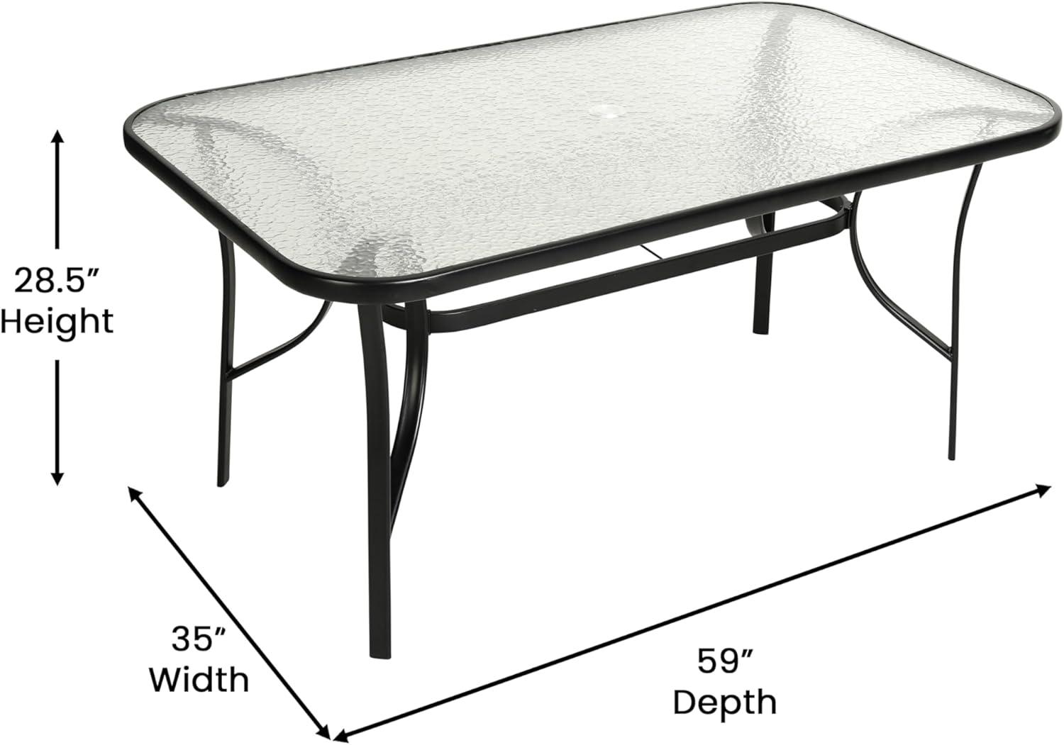 imageFlash Furniture Lila Commercial 7Piece Outdoor Dining Set Tempered Glass Patio Table with Umbrella Hole 6 Triple Slat Chairs 60quot Black