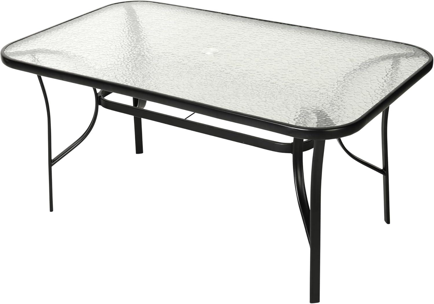 imageFlash Furniture Lila Commercial 7Piece Outdoor Dining Set Tempered Glass Patio Table with Umbrella Hole 6 Triple Slat Chairs 60quot Black